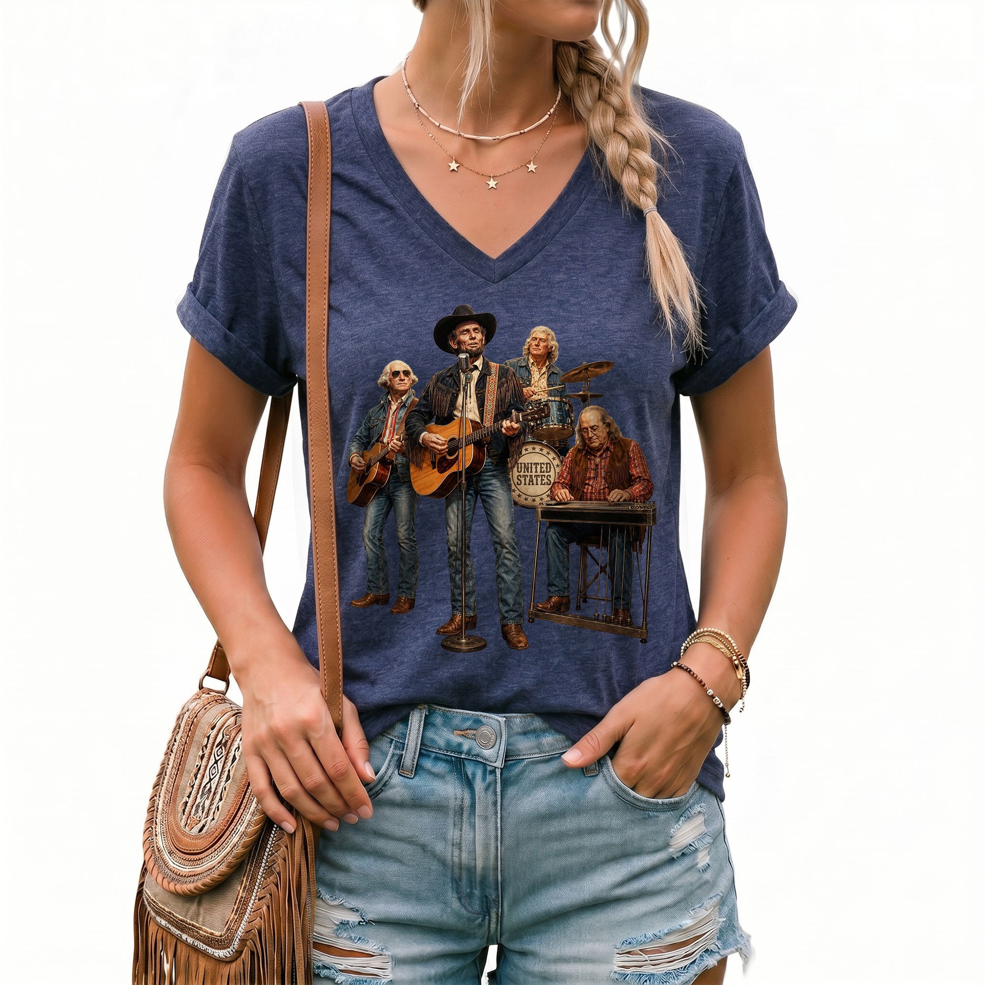 Presidential Country Music Band V-Neck Graphic Shirt Patriotic Women's Apparel Top