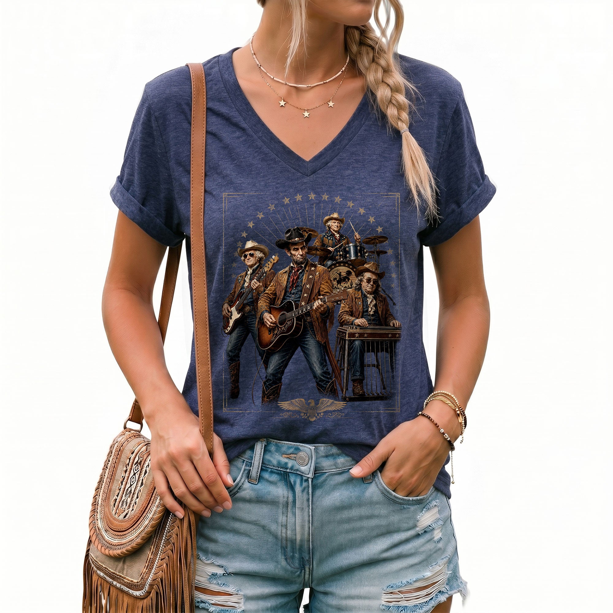 Vintage Historical Country Rockers V-Neck Tee Patriotic Style Women's Casual Shirt