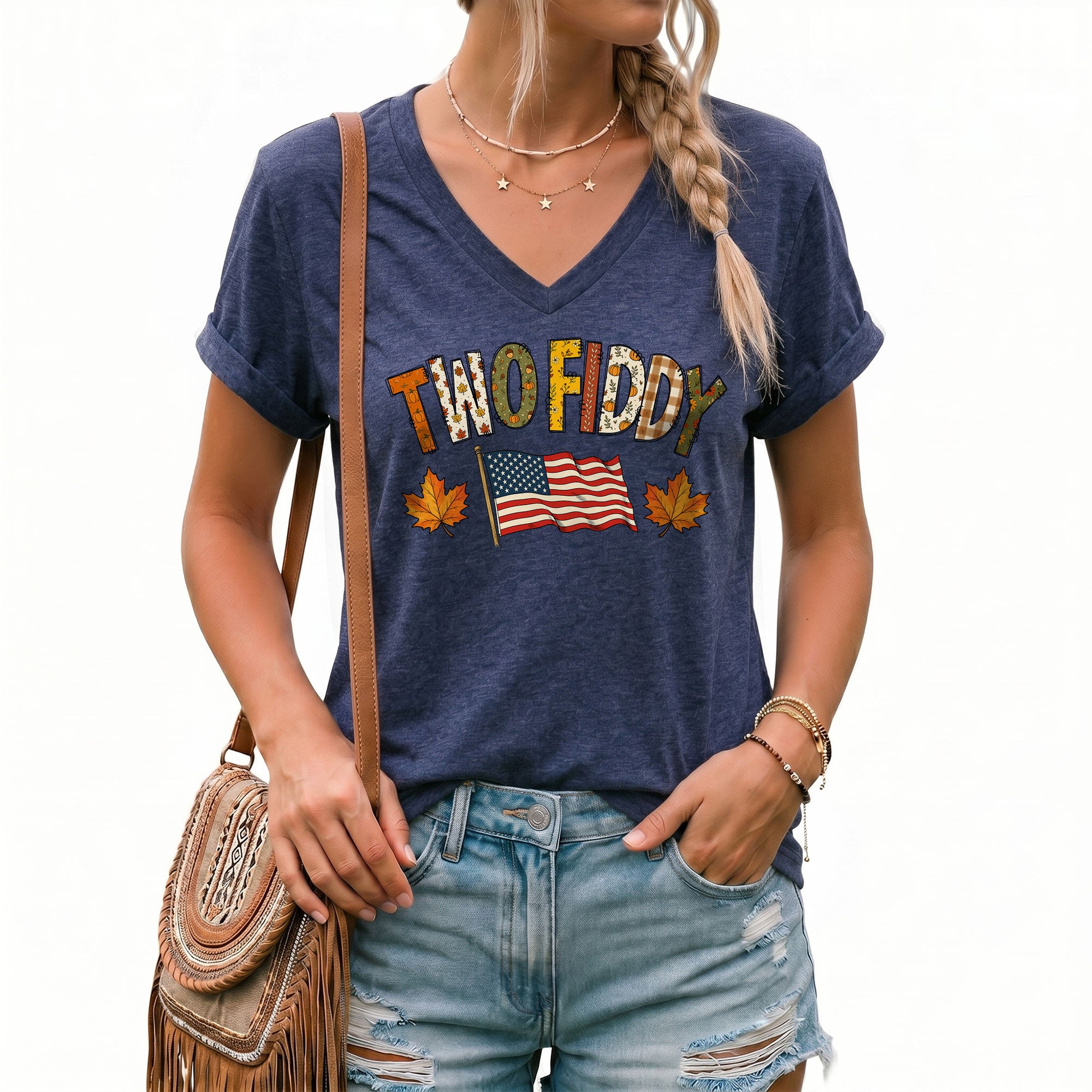Two Fiddy Fall Flag Graphic V-Neck T-Shirt Patriotic Autumn Women's Casual Fashion Top