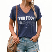 Seasonal Two Fiddy Graphic V-Neck Shirt USA Flag Fall Vibes Women's Casual Apparel
