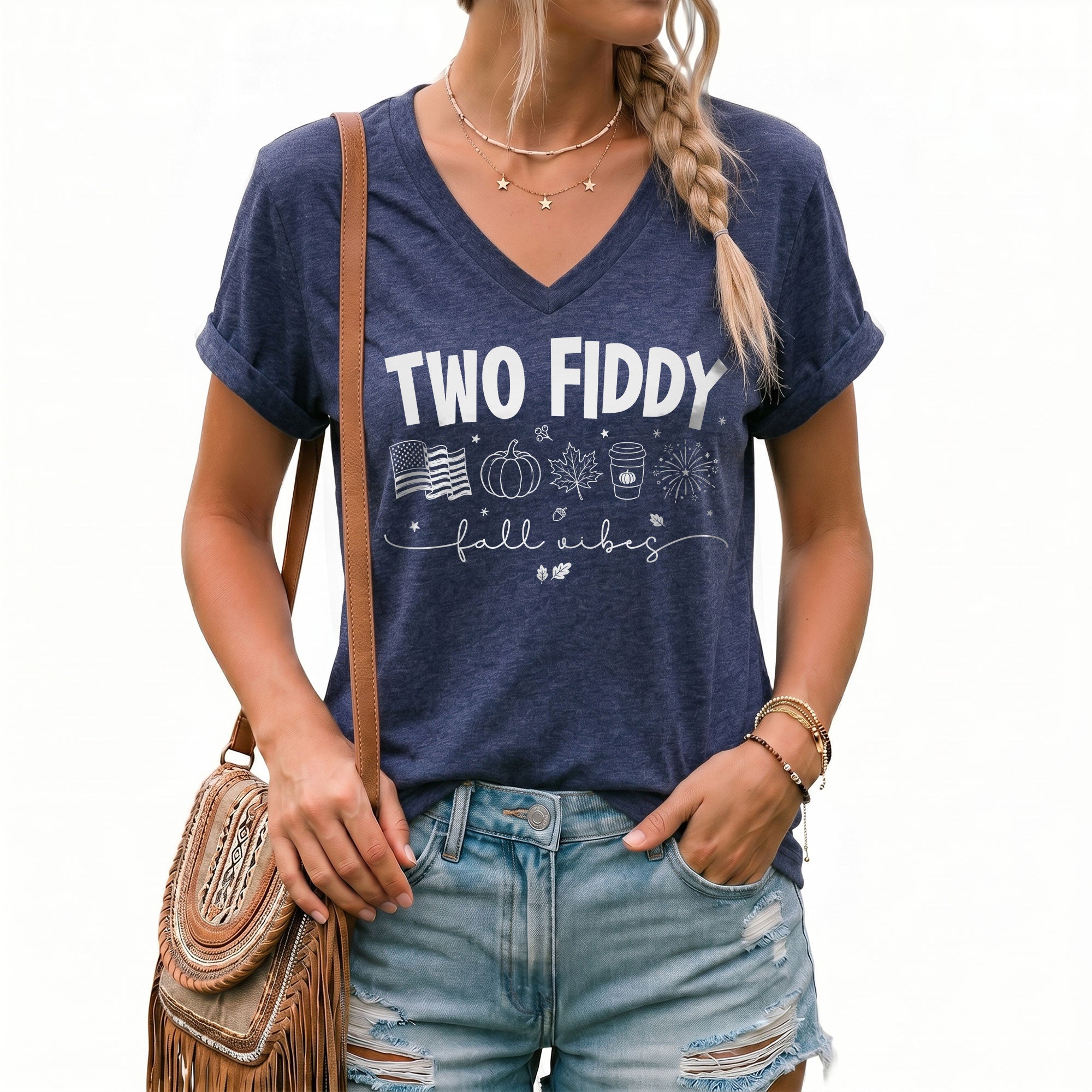 Seasonal Two Fiddy Graphic V-Neck Shirt USA Flag Fall Vibes Women's Casual Apparel