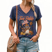 Two Fiddy Patriotic Raccoon V-Neck Graphic T-Shirt Fall Autumn Women's Casual Top