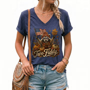 Autumn Seasonal Two Fiddy Graphic V-Neck Tee USA Flag Raccoon Women's Casual Style Shirt