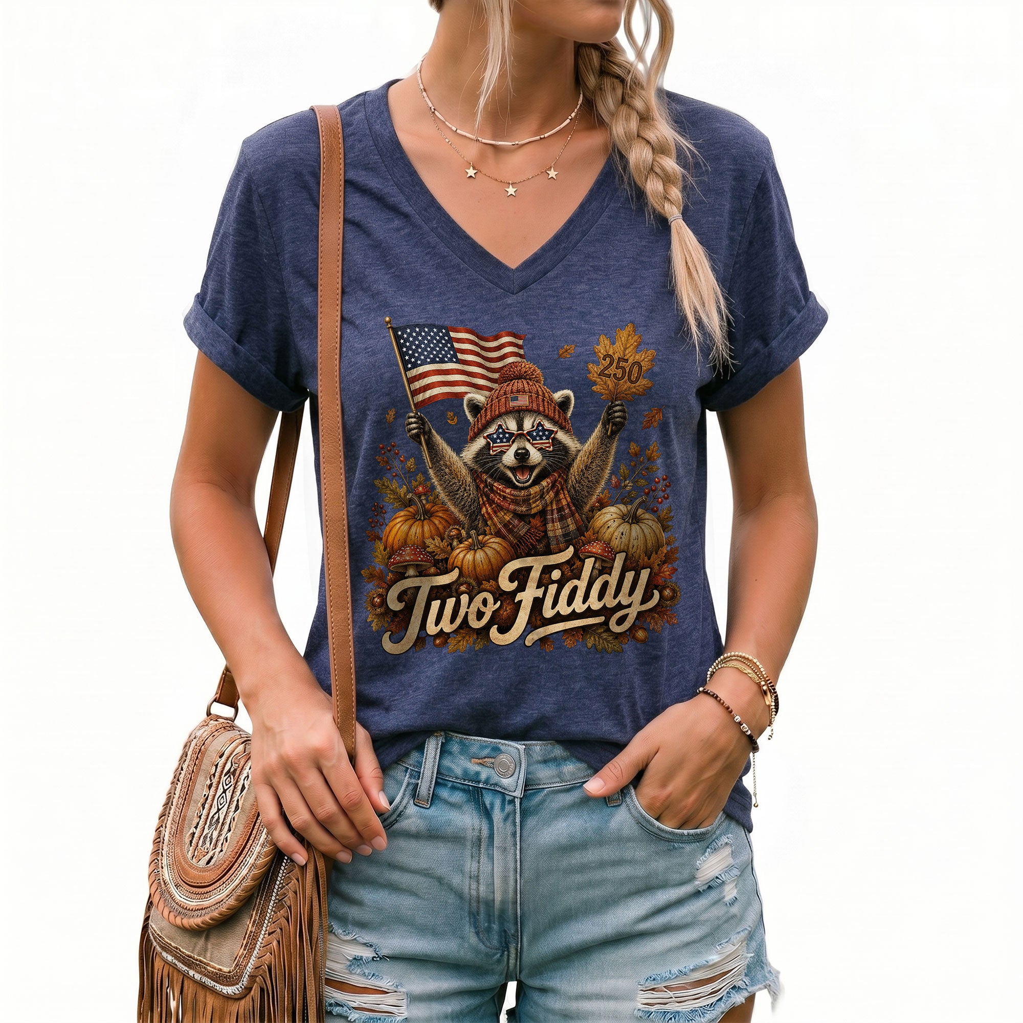 Autumn Seasonal Two Fiddy Graphic V-Neck Tee USA Flag Raccoon Women's Casual Style Shirt