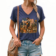 Patriotic Fall V-Neck Shirt Women Cute Presidents Harvest Pumpkin Autumn Graphic Tee