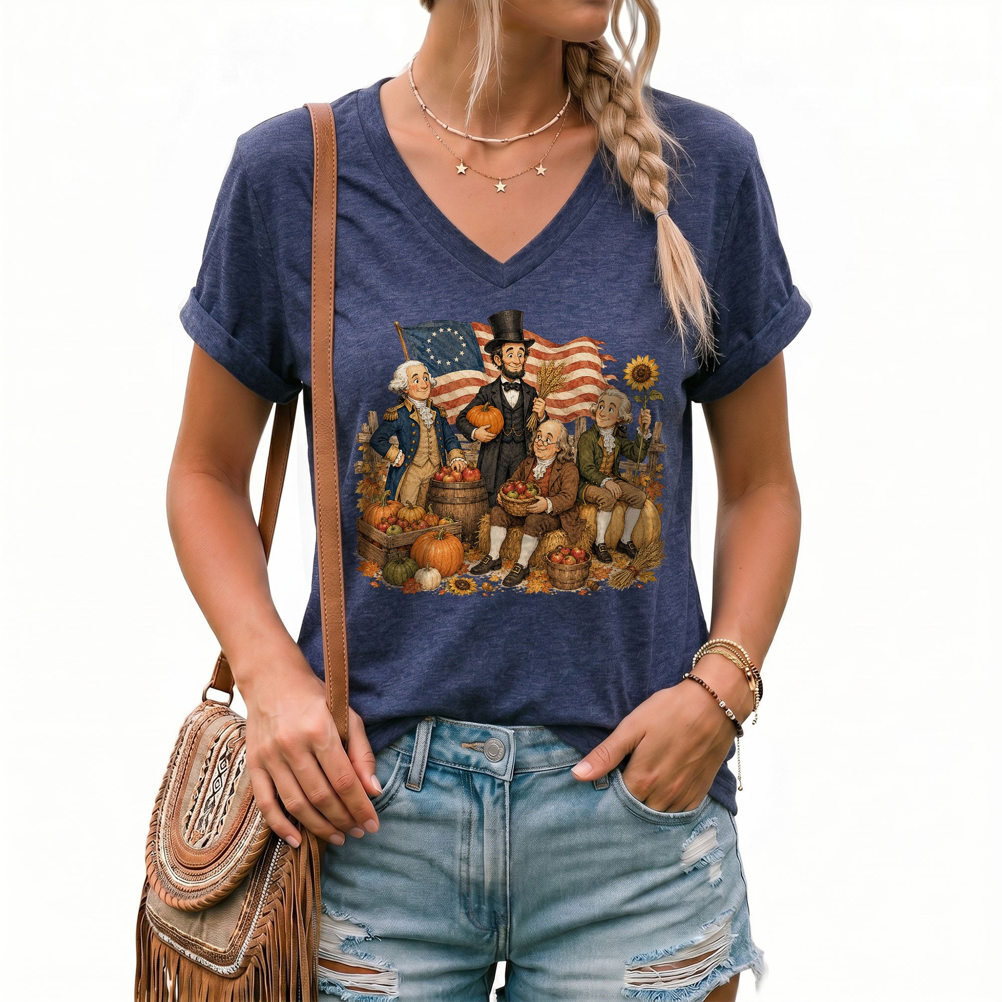 Patriotic Fall V-Neck Shirt Women Cute Presidents Harvest Pumpkin Autumn Graphic Tee