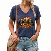 Patriotic Fall V-Neck Shirt Women Cute Founding Fathers Picnic Pumpkin Pie Graphic Tee