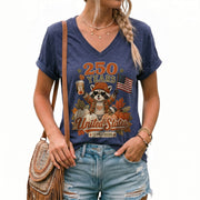 Cute Raccoon Fall V-Neck Shirt Women Spooky Pumpkin Spice Latte Patriotic United States