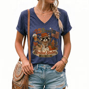 Patriotic Raccoon Fall V-Neck Shirt Women Cute United States Flag Pumpkin Autumn Tee