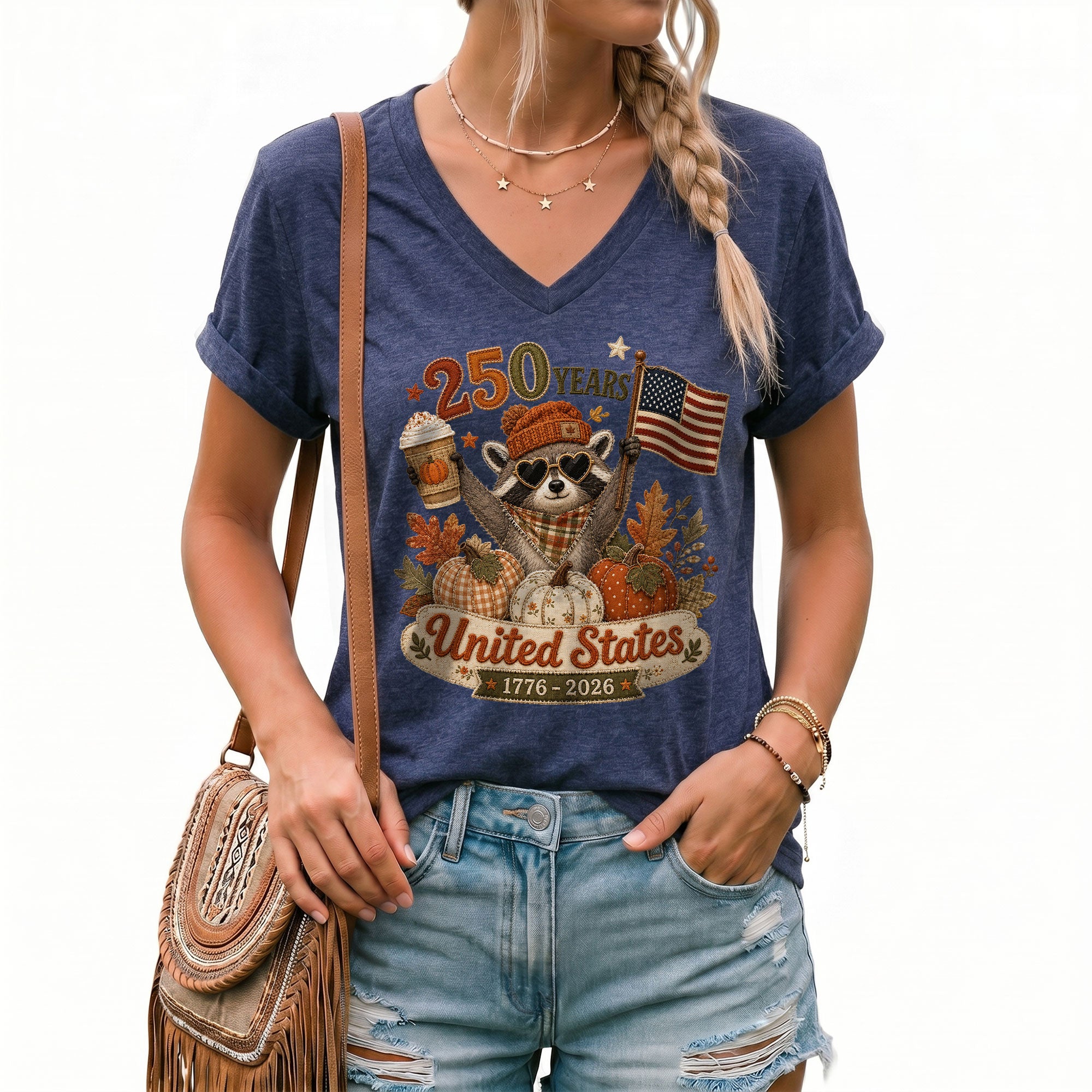 Patriotic Raccoon Fall V-Neck Shirt Women Cute United States Flag Pumpkin Autumn Tee