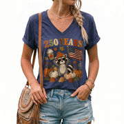 Cute Raccoon Fall V-Neck Shirt Women Pumpkin Spice Latte Patriotic American Flag Tee