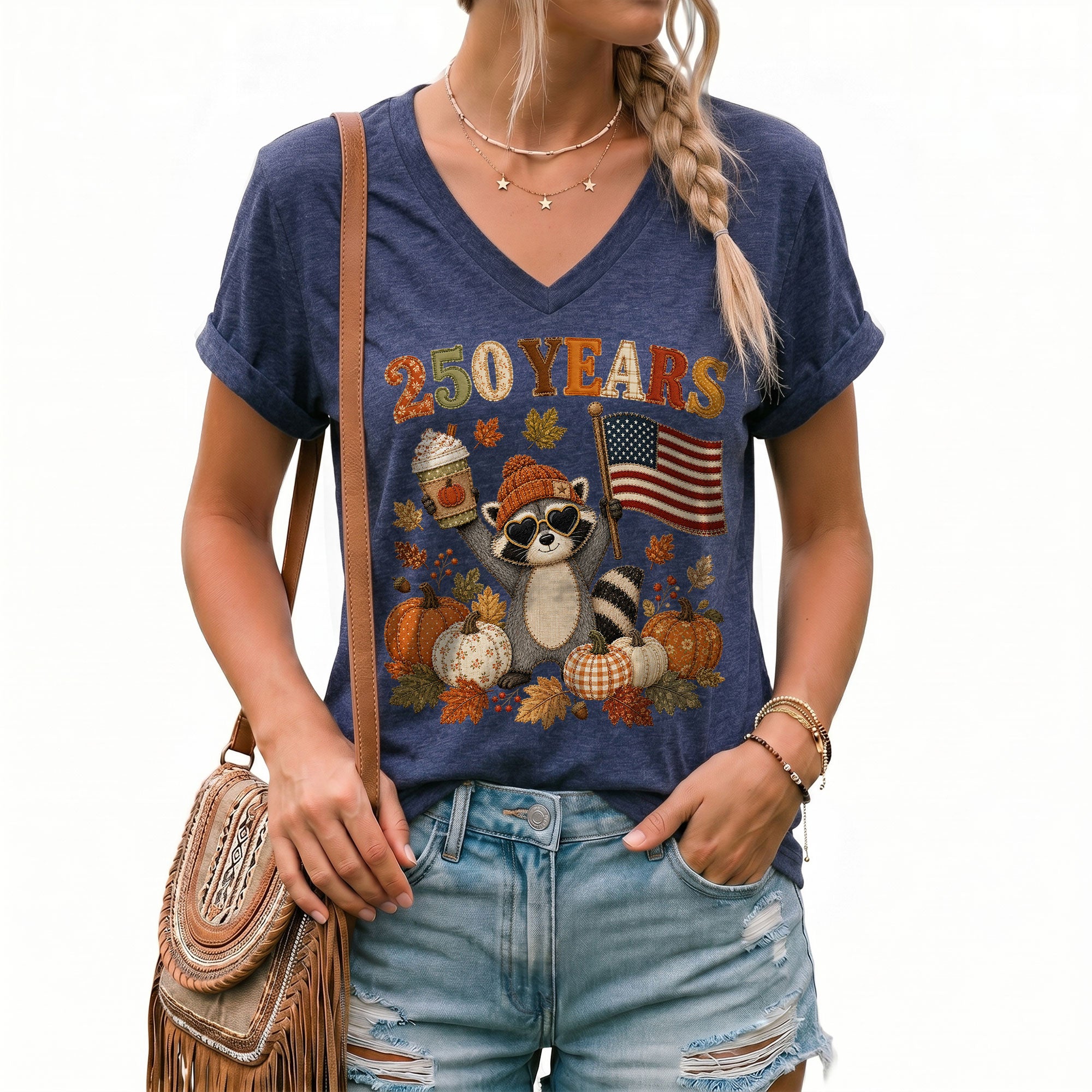 Cute Raccoon Fall V-Neck Shirt Women Pumpkin Spice Latte Patriotic American Flag Tee