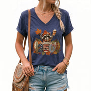 Patriotic Raccoon Fall V-Neck Shirt Women Cute Country Pumpkin Autumn Flag Graphic Tee
