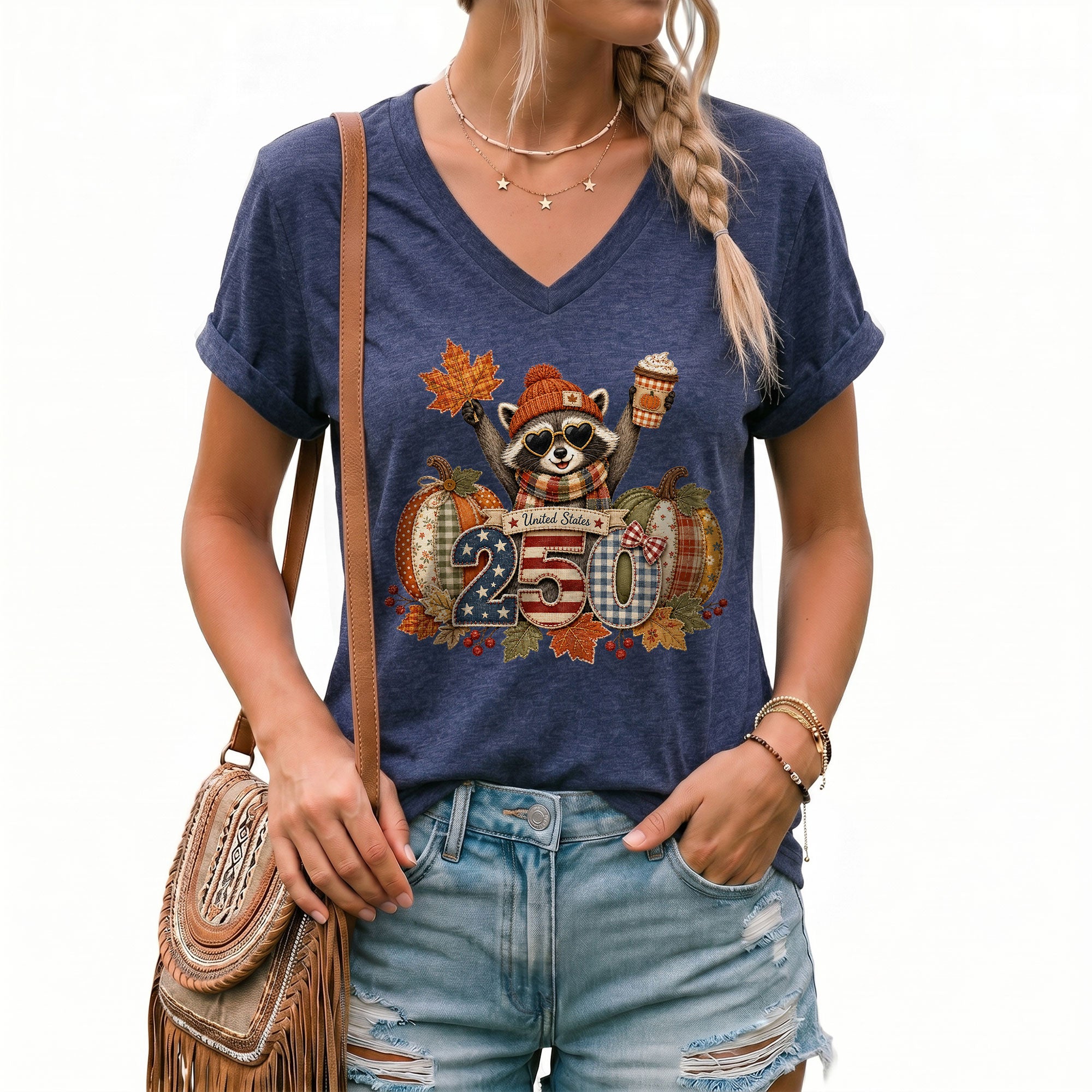 Patriotic Raccoon Fall V-Neck Shirt Women Cute Country Pumpkin Autumn Flag Graphic Tee
