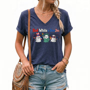 Red White And BooJee V Neck Shirt Cute Patriotic Ghost Women Graphic Tee