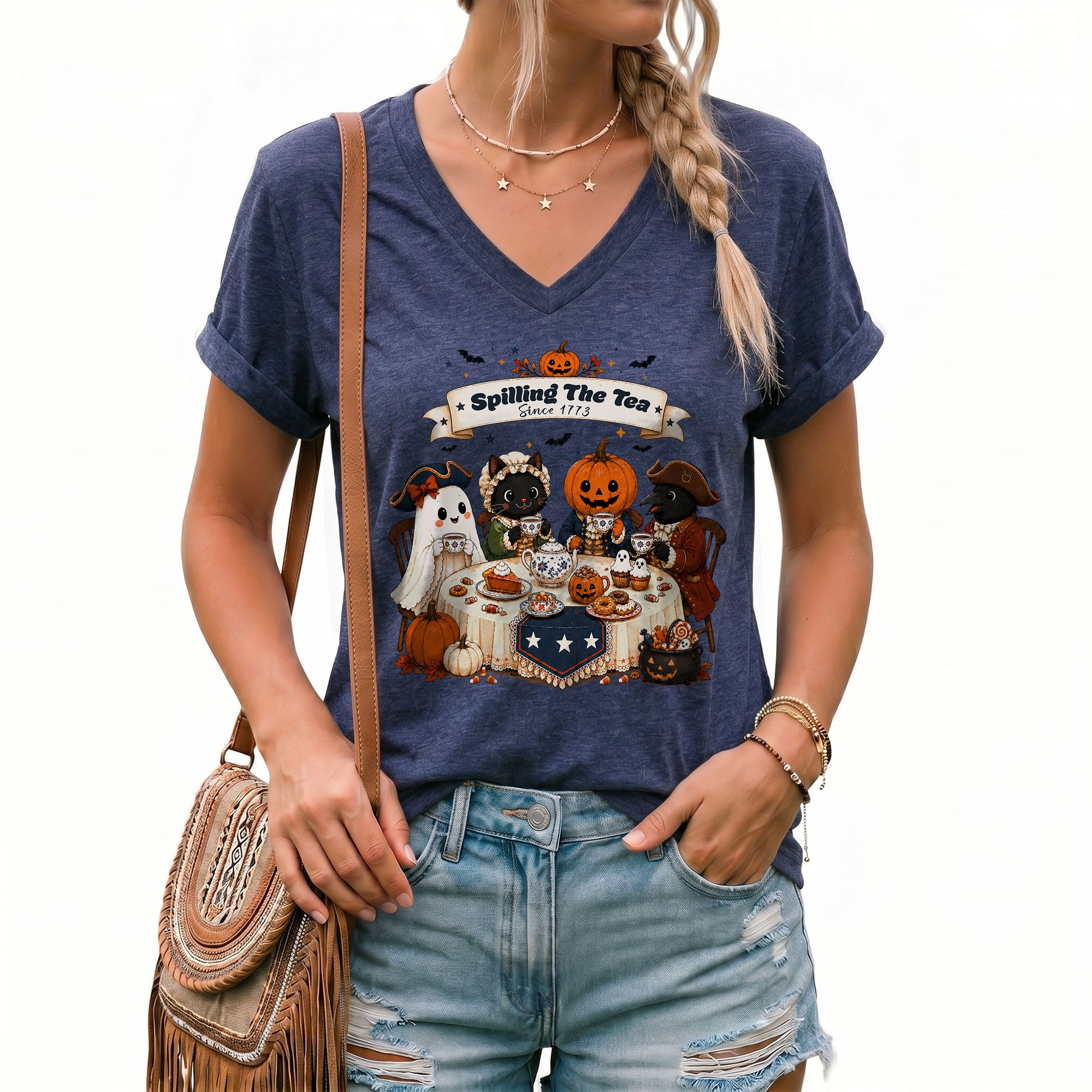 Spilling The Tea Since 1773 V Neck Shirt Funny Ghost Pumpkin Women Graphic Tee