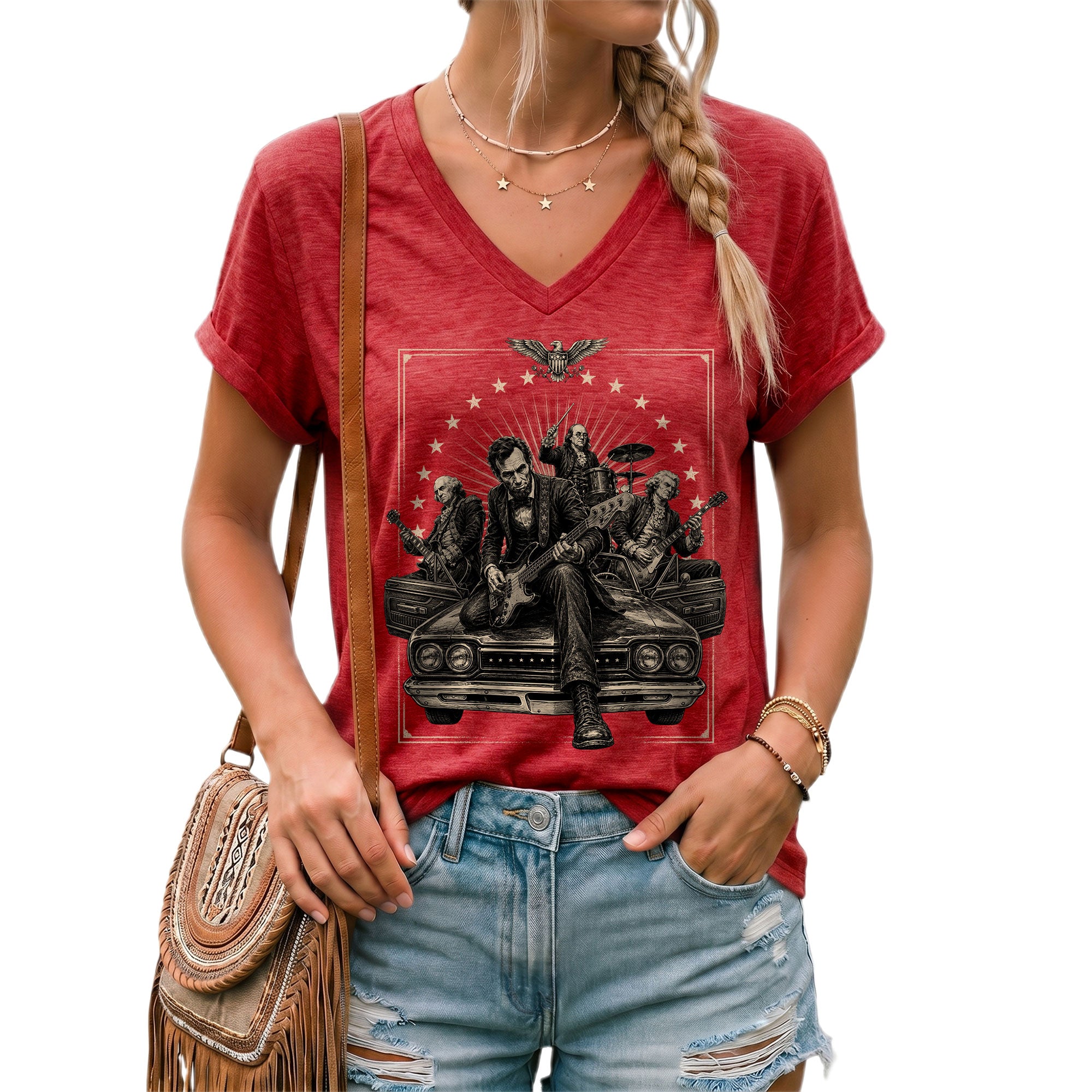 Lincoln Playing Guitar Vintage V-Neck Graphic T Shirt Patriotic Band Women's Top