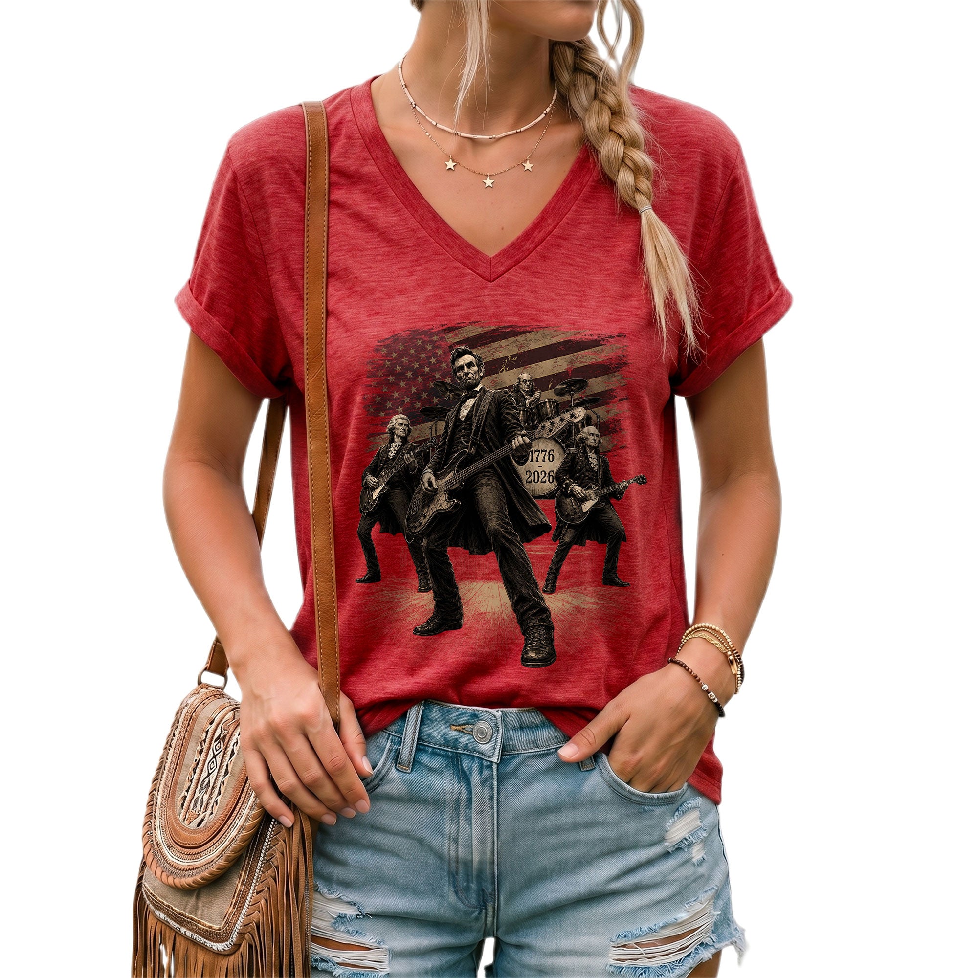 Lincoln & Founders Rock Band V-Neck T Shirt Patriotic 1776-2026 Graphic Women's Top