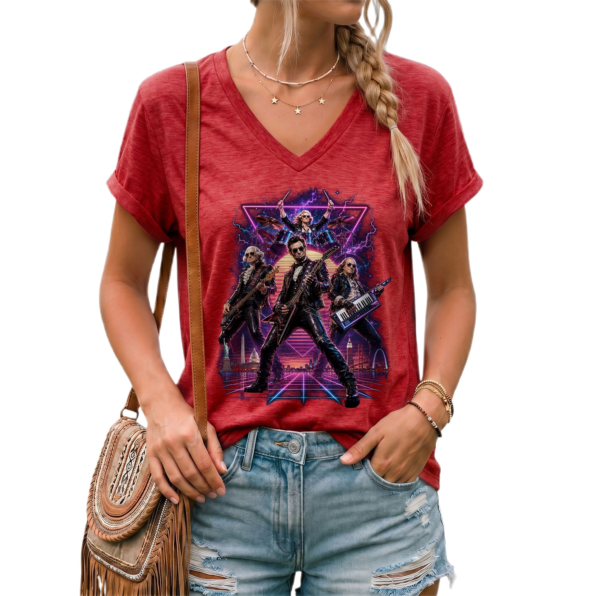 Presidential Rockers Synthwave V-Neck Graphic Shirt Patriotic Women's Casual Tee