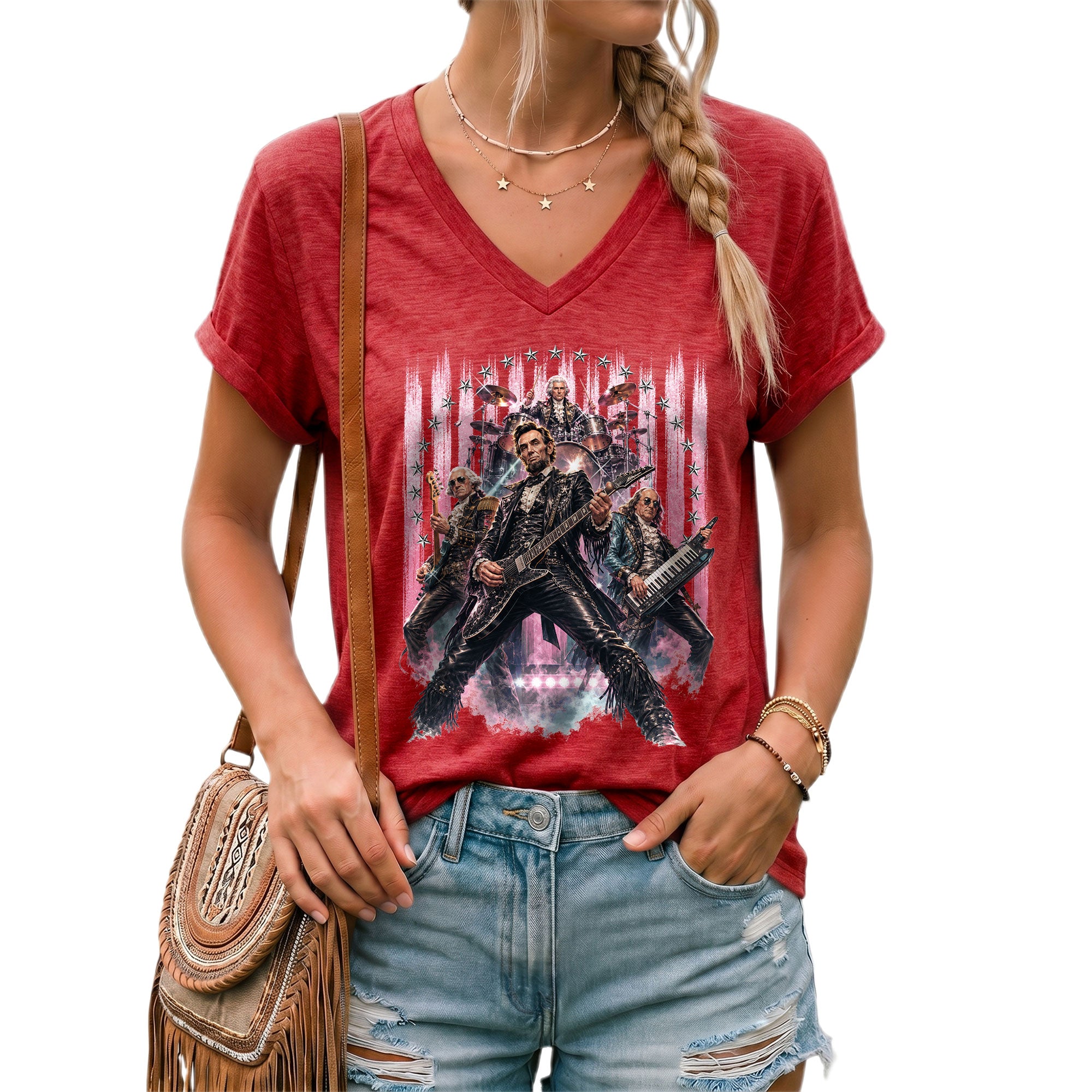 Vintage Presidential Band V-Neck Graphic Shirt Pink Patriotic Women's Apparel Top