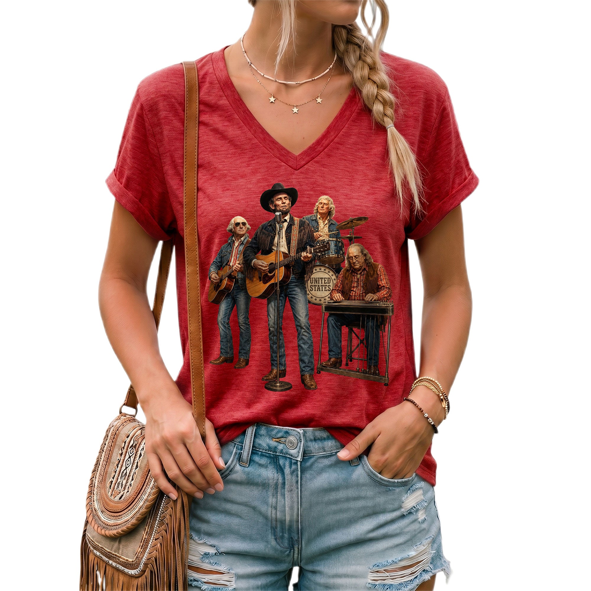 Presidential Country Music Band V-Neck Graphic Shirt Patriotic Women's Apparel Top