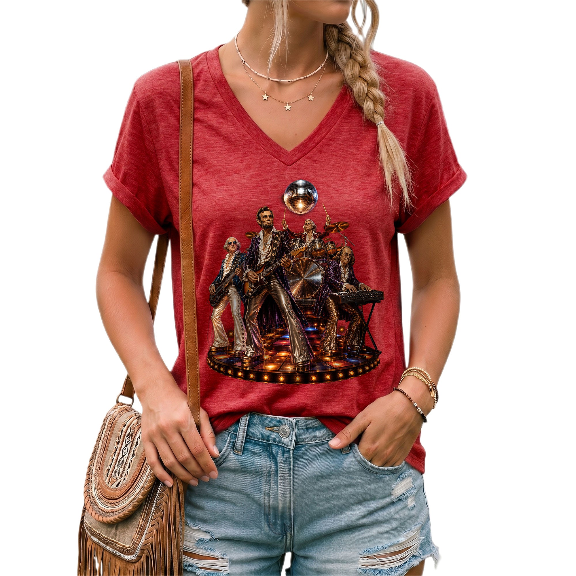 Unique Presidential Disco Music V-Neck Graphic T-Shirt Patriotic Women's Casual Wear