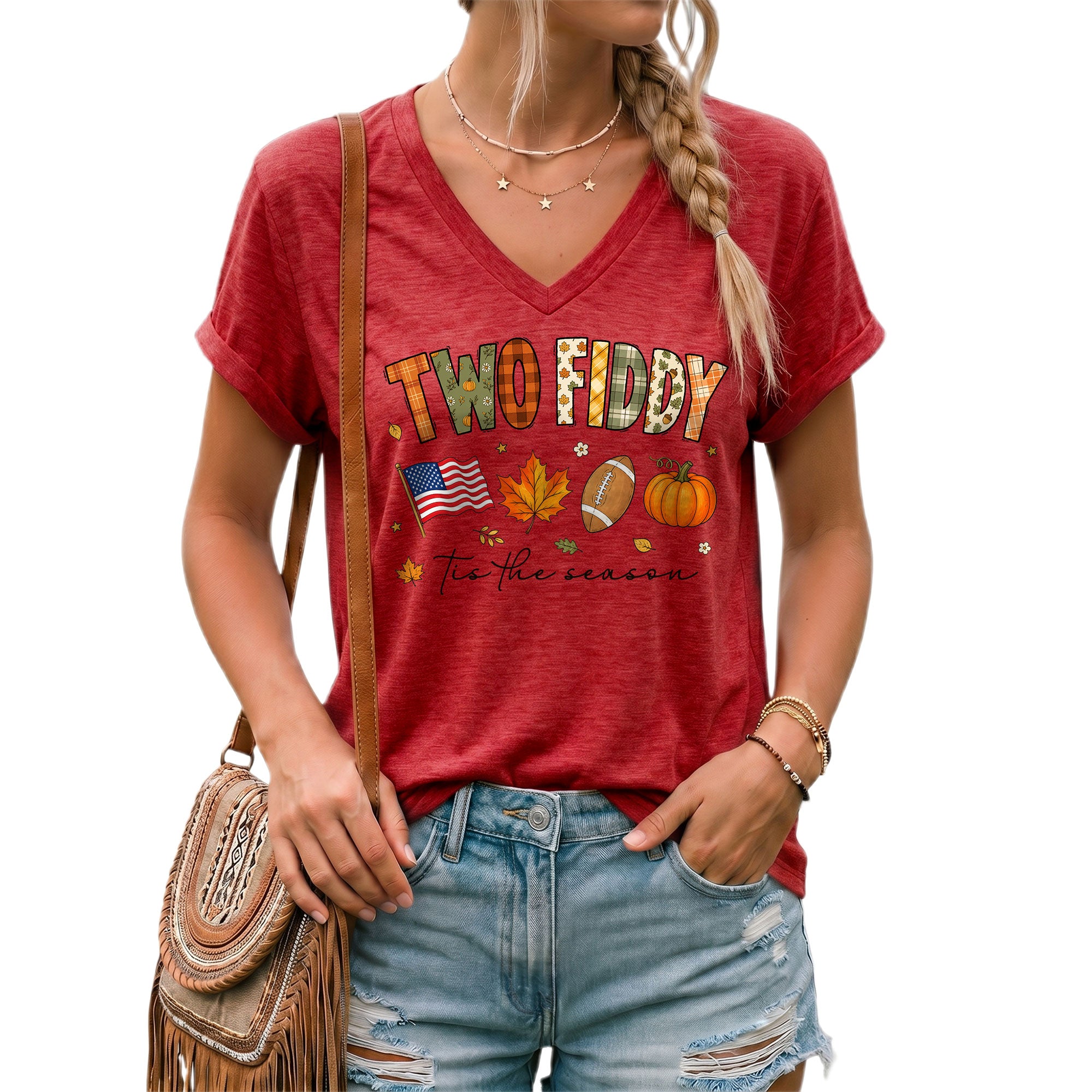 Two Fiddy Patriotic Fall Graphic V-Neck Shirt Seasonal USA Flag Women's Casual Wear