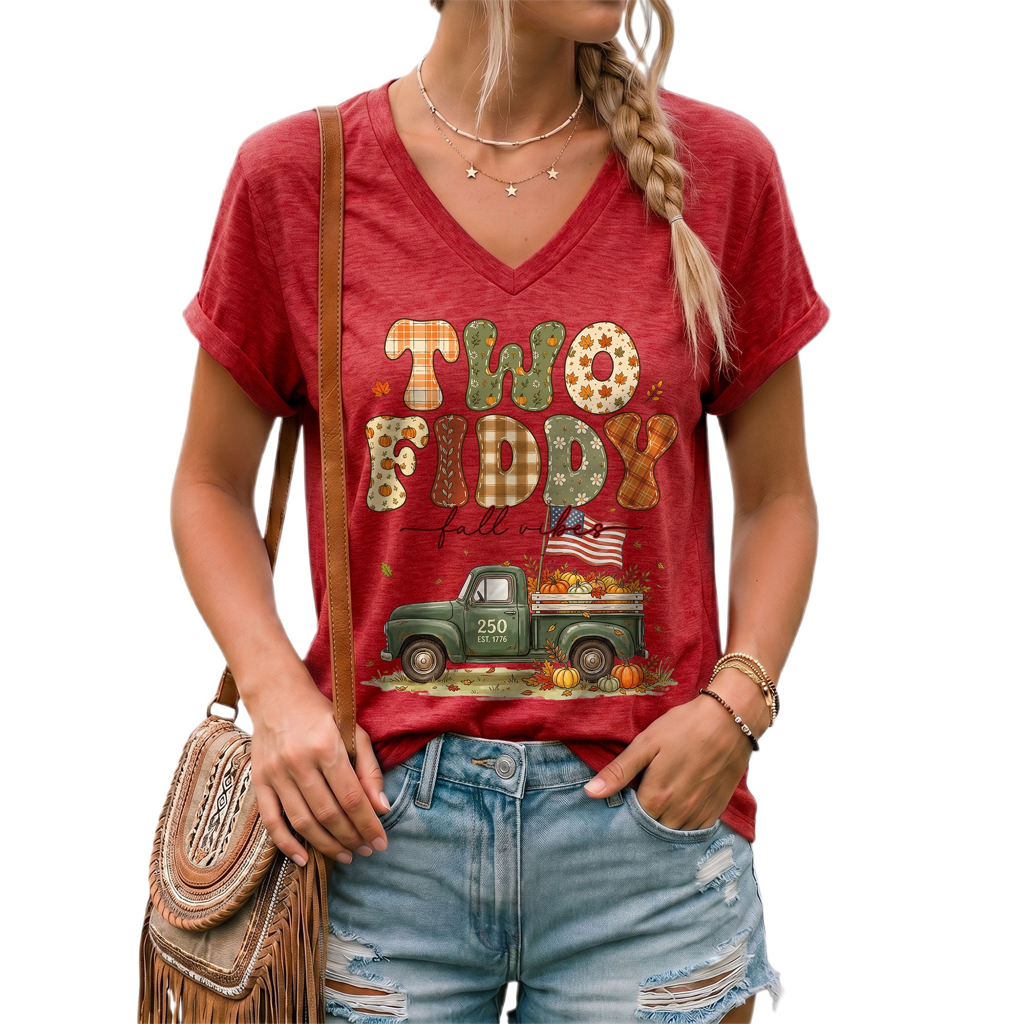 Two Fiddy Fall Vibes V-Neck Graphic T-Shirt Pumpkin Truck Patriotic Women's Casual Top