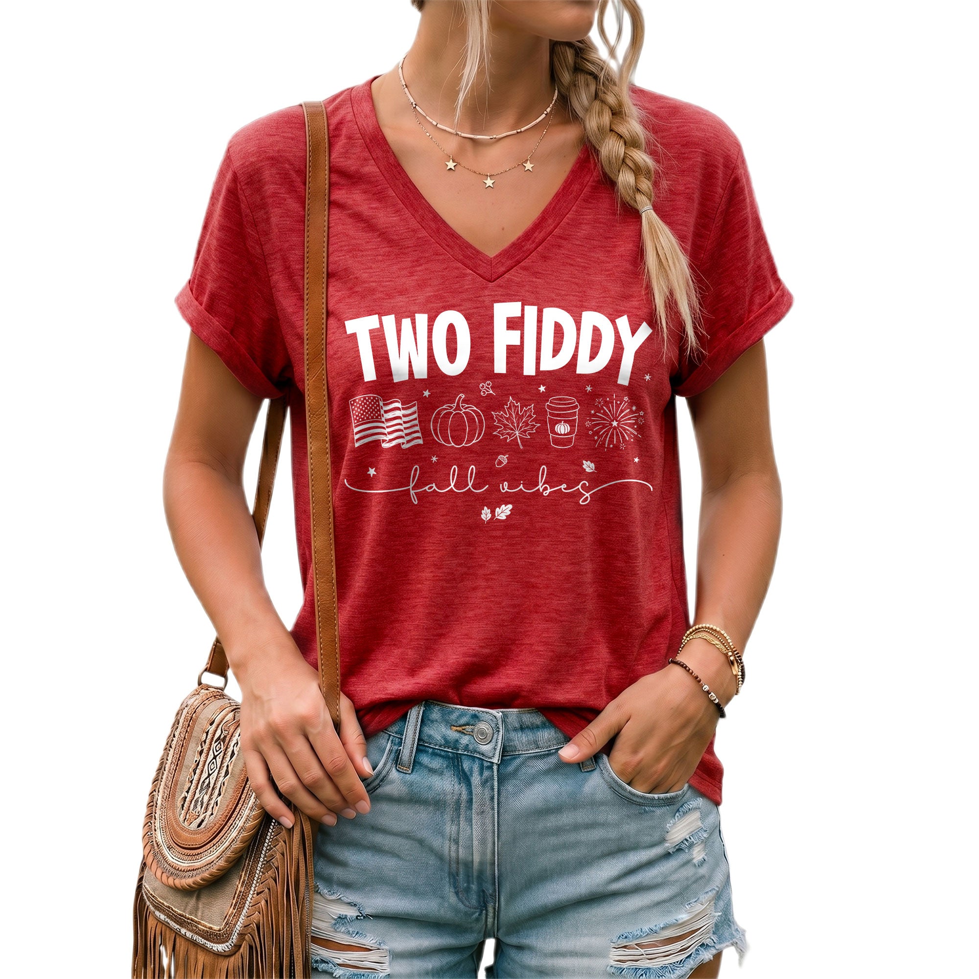 Seasonal Two Fiddy Graphic V-Neck Shirt USA Flag Fall Vibes Women's Casual Apparel