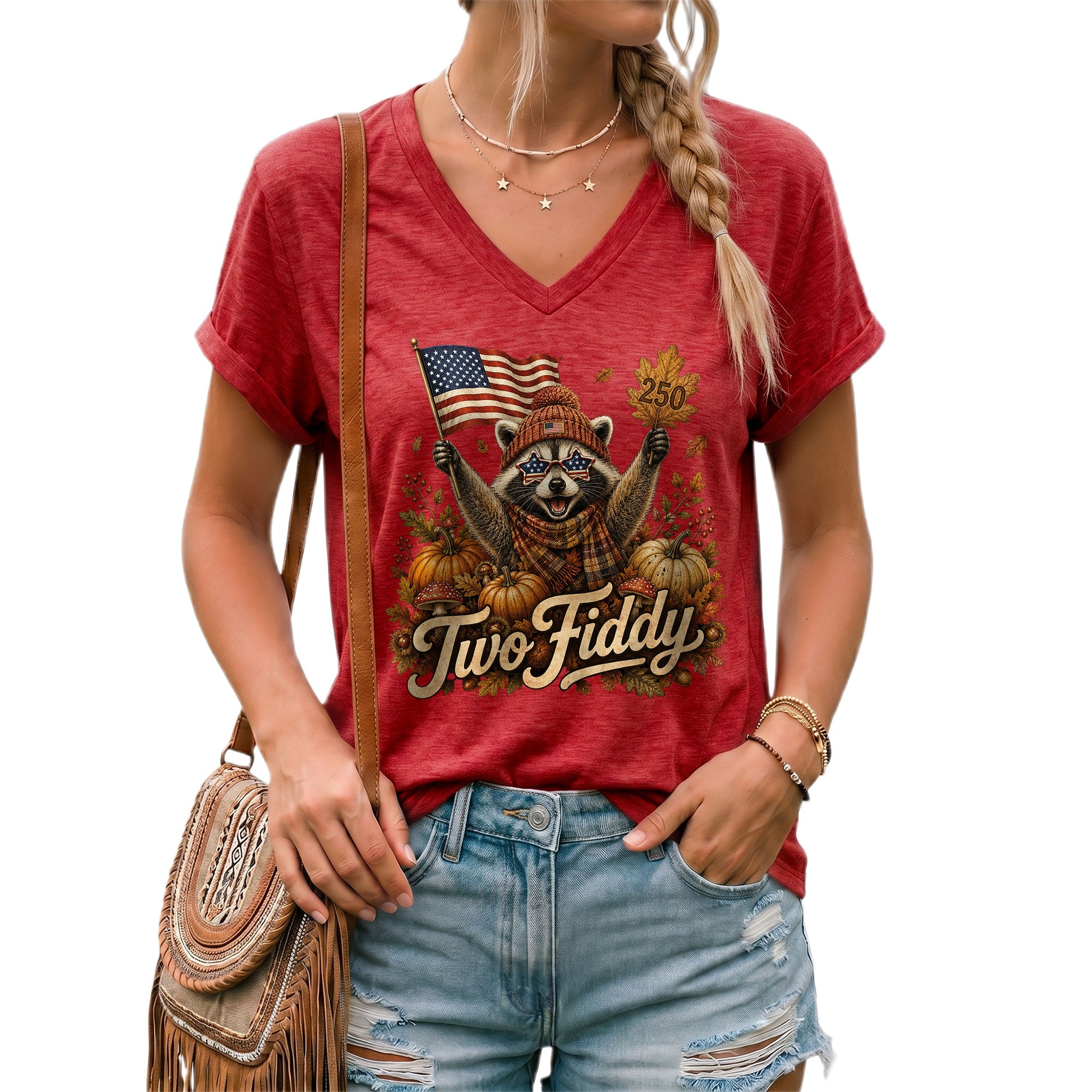 Autumn Seasonal Two Fiddy Graphic V-Neck Tee USA Flag Raccoon Women's Casual Style Shirt