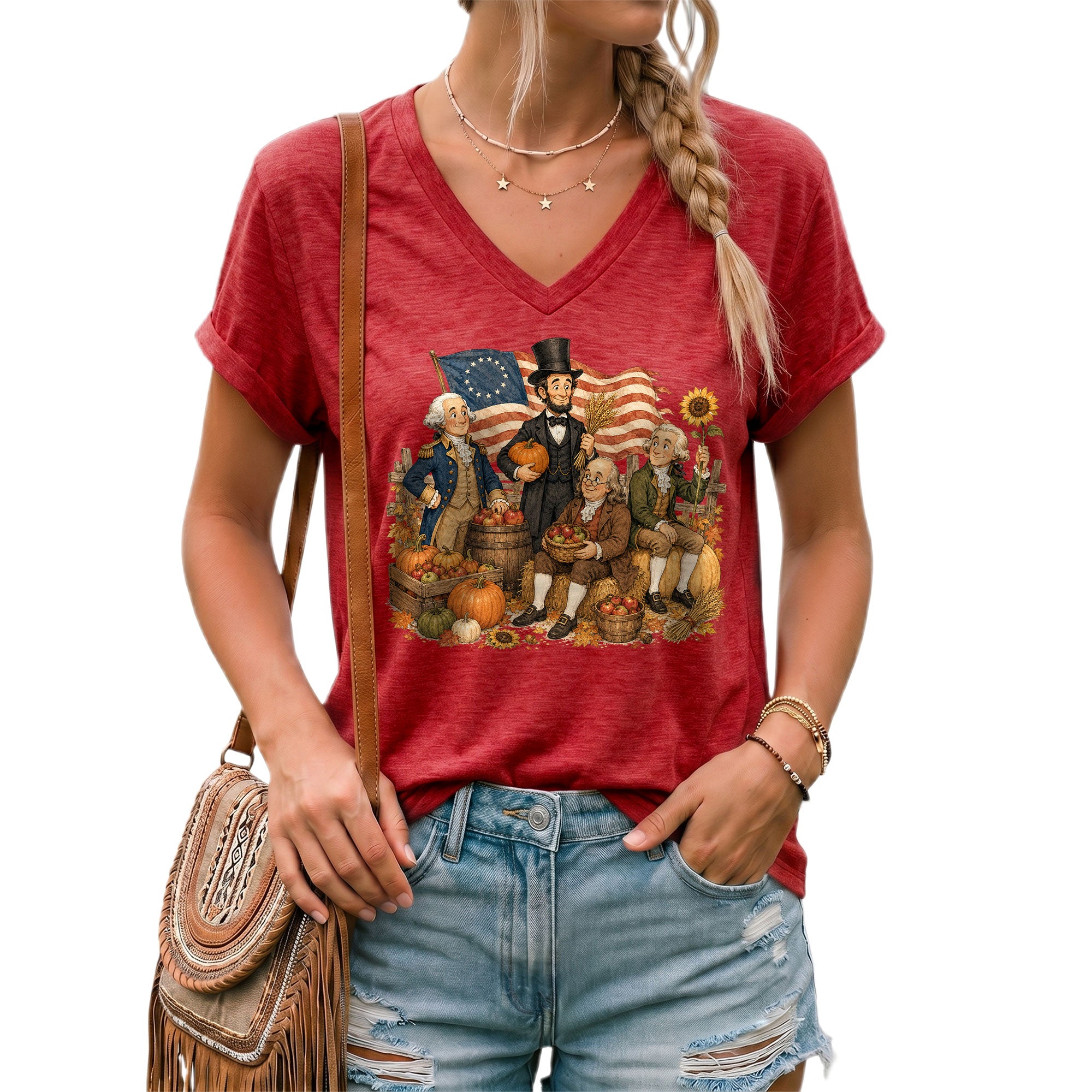Patriotic Fall V-Neck Shirt Women Cute Presidents Harvest Pumpkin Autumn Graphic Tee