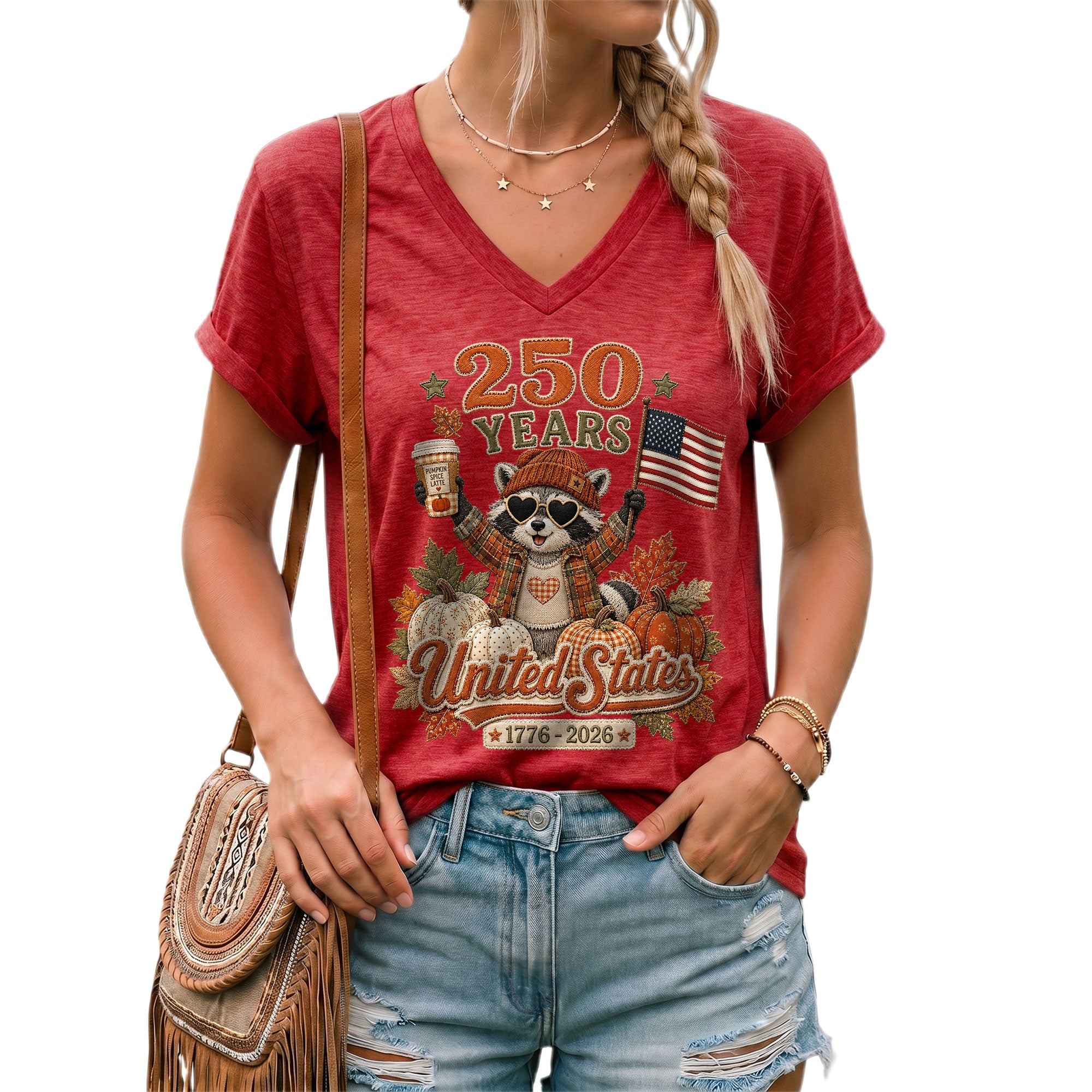 Cute Raccoon Fall V-Neck Shirt Women Spooky Pumpkin Spice Latte Patriotic United States