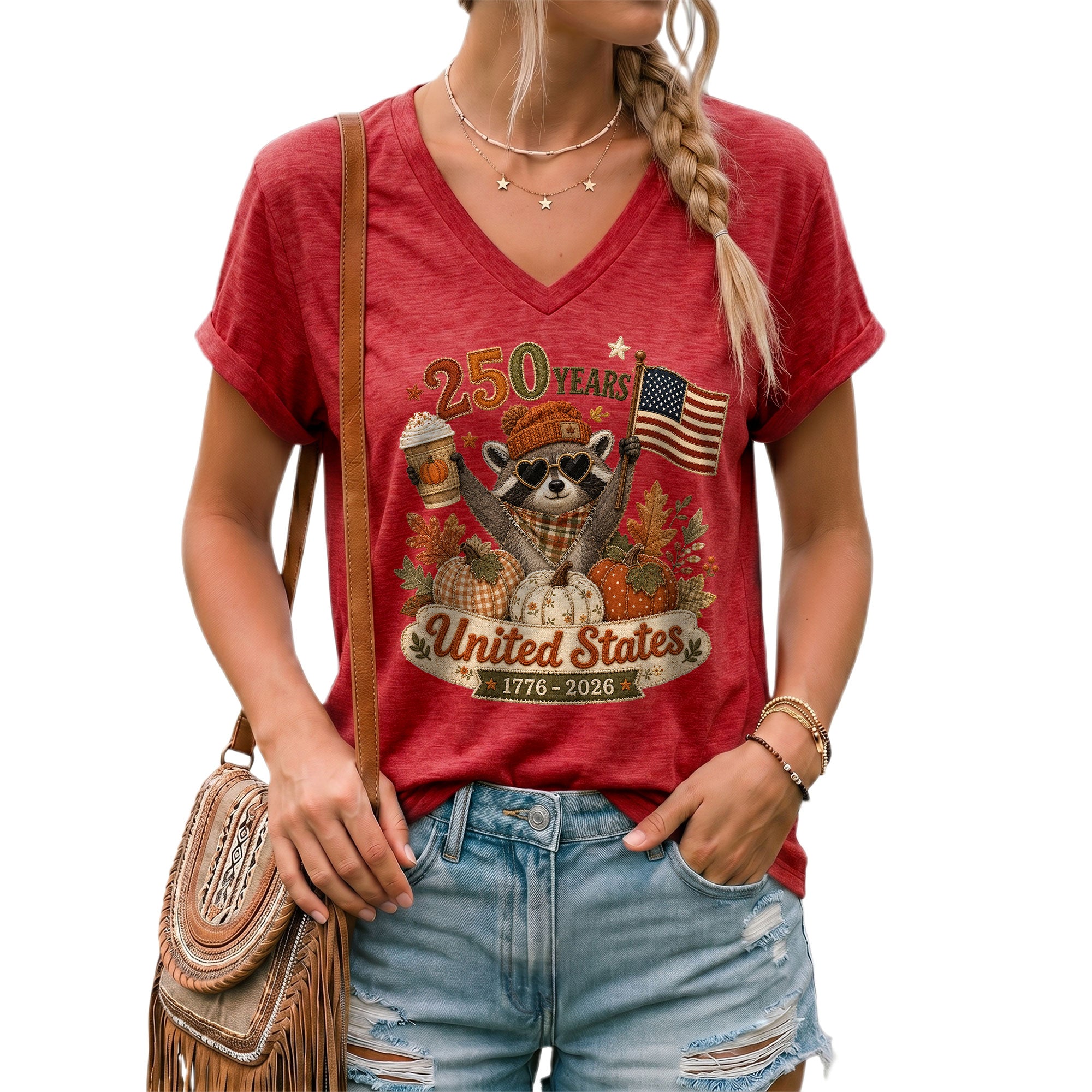 Patriotic Raccoon Fall V-Neck Shirt Women Cute United States Flag Pumpkin Autumn Tee