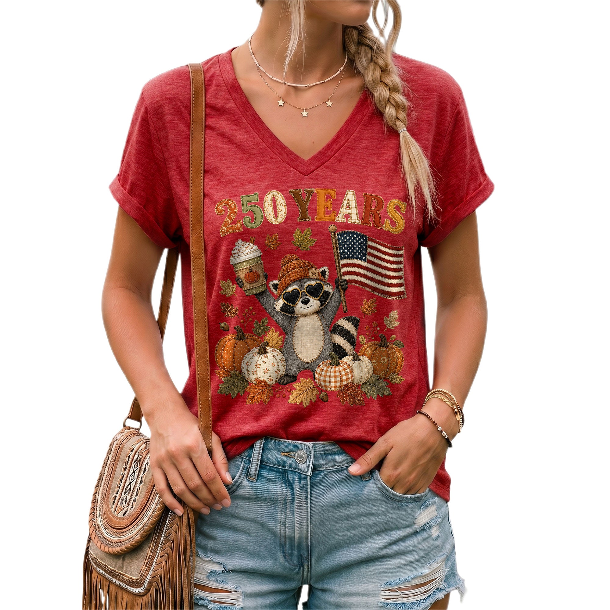 Cute Raccoon Fall V-Neck Shirt Women Pumpkin Spice Latte Patriotic American Flag Tee