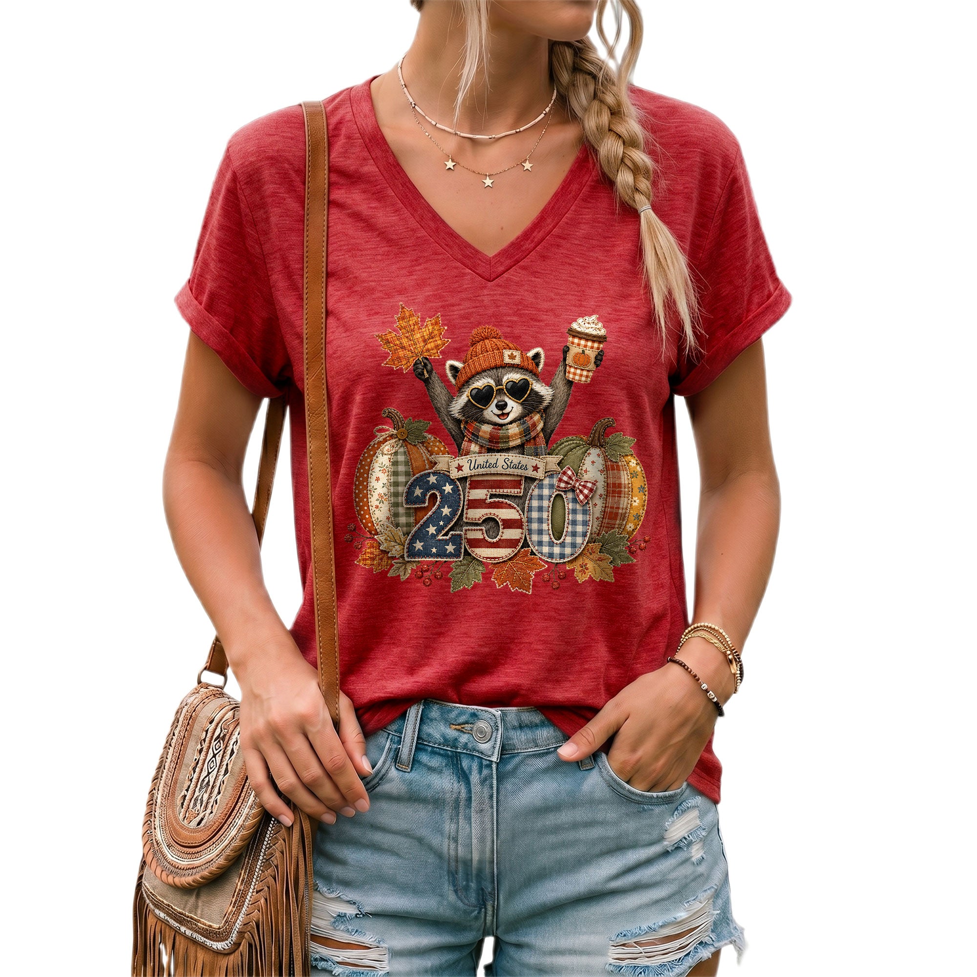 Patriotic Raccoon Fall V-Neck Shirt Women Cute Country Pumpkin Autumn Flag Graphic Tee