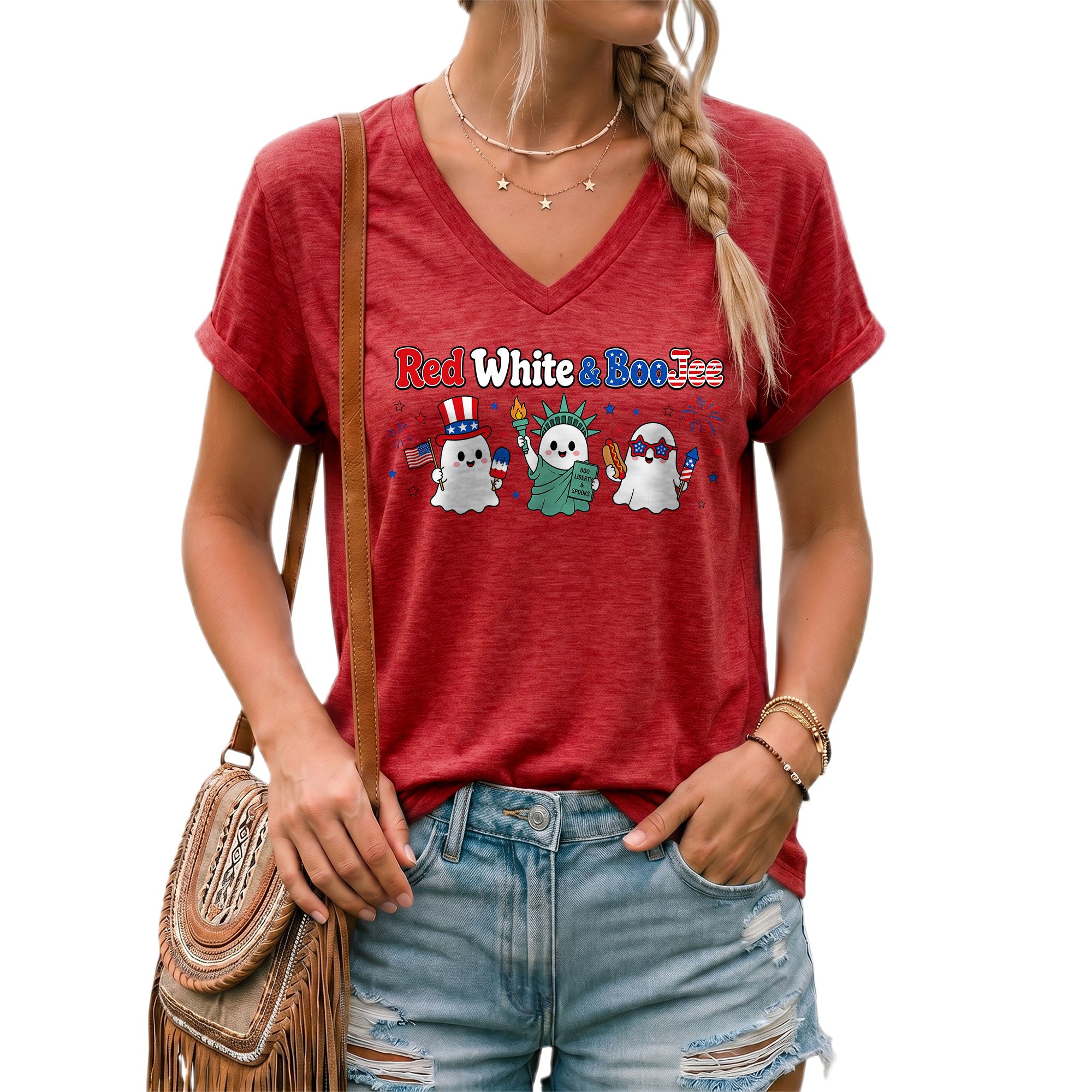 Red White And BooJee V Neck Shirt Cute Patriotic Ghost Women Graphic Tee