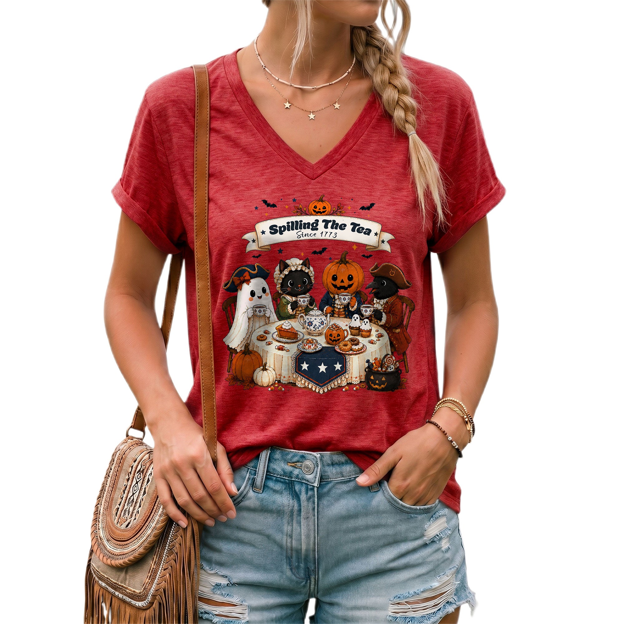 Spilling The Tea Since 1773 V Neck Shirt Funny Ghost Pumpkin Women Graphic Tee