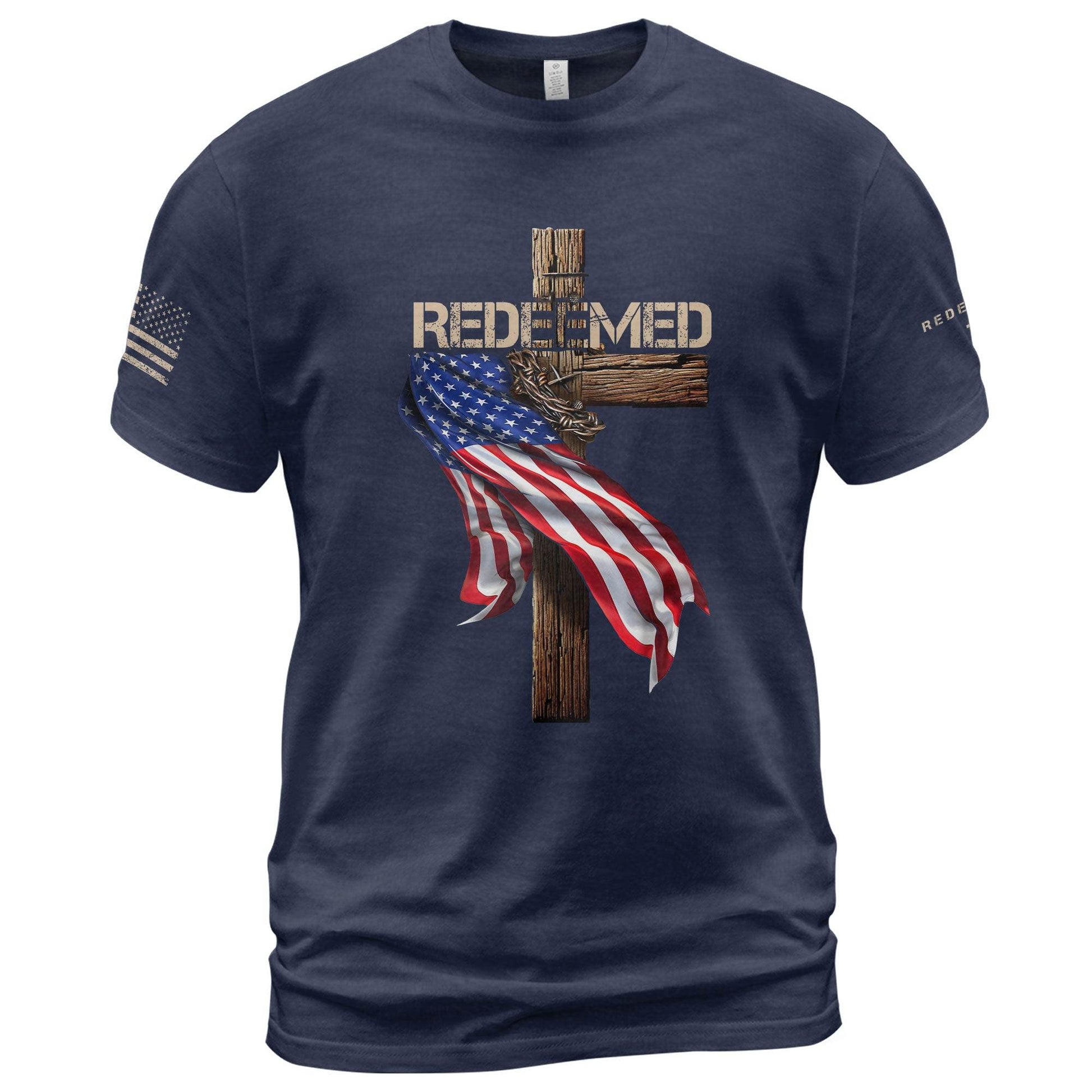 Redeemed by Christ T-Shirt – American Flag Cross - Rust Field Wear