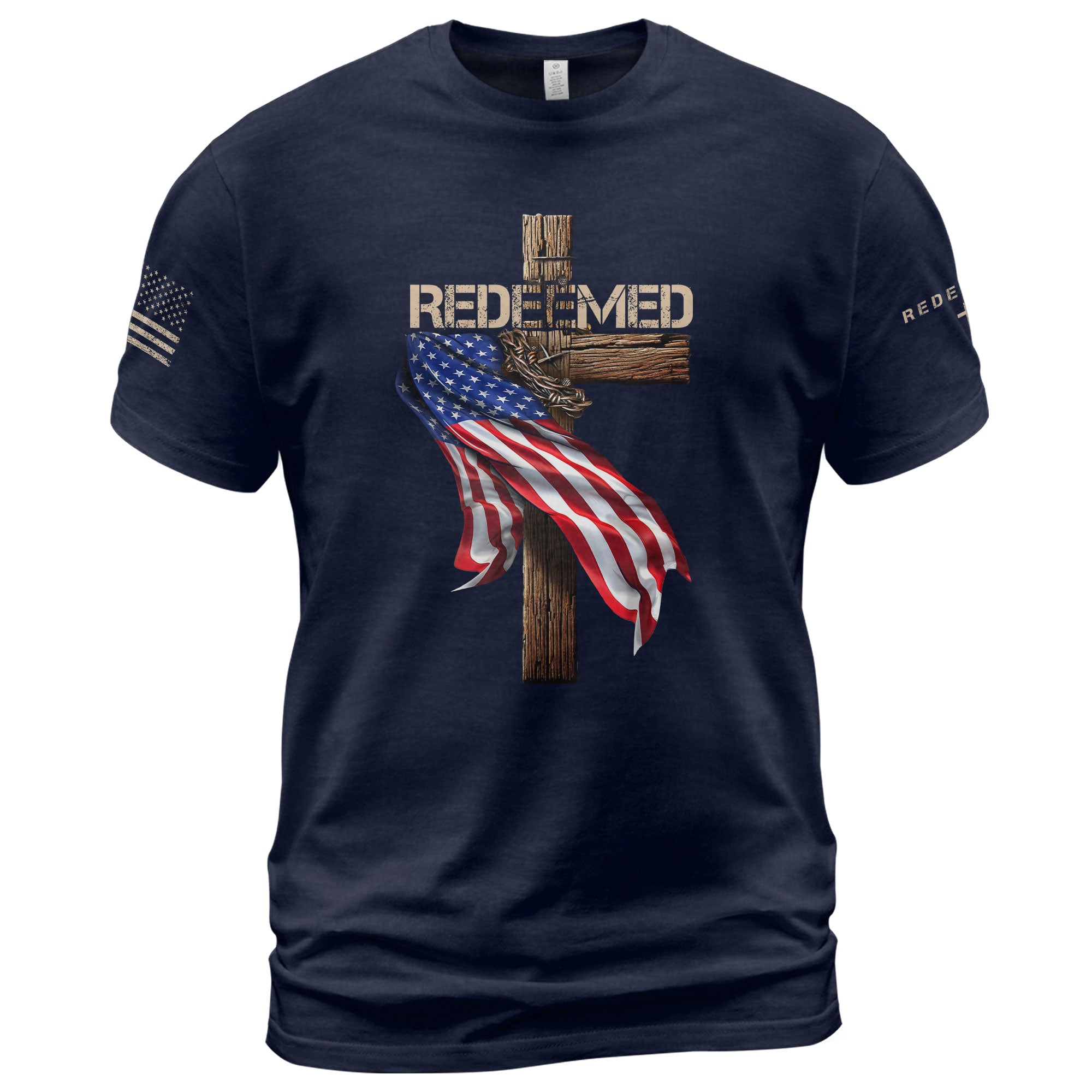 Redeemed by Christ T-Shirt – American Flag Cross