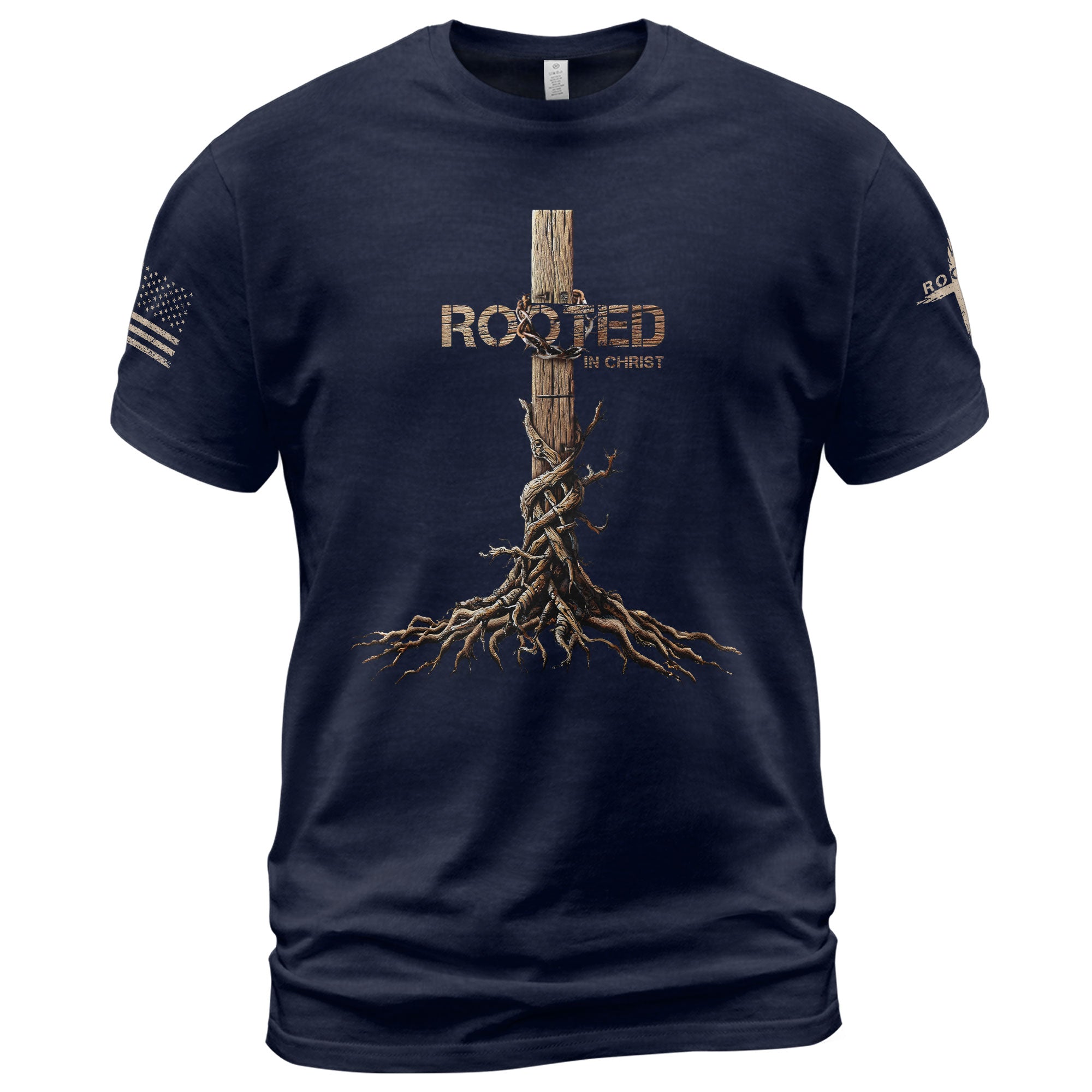 Rooted in Christ Cross & Roots Christian T-Shirt