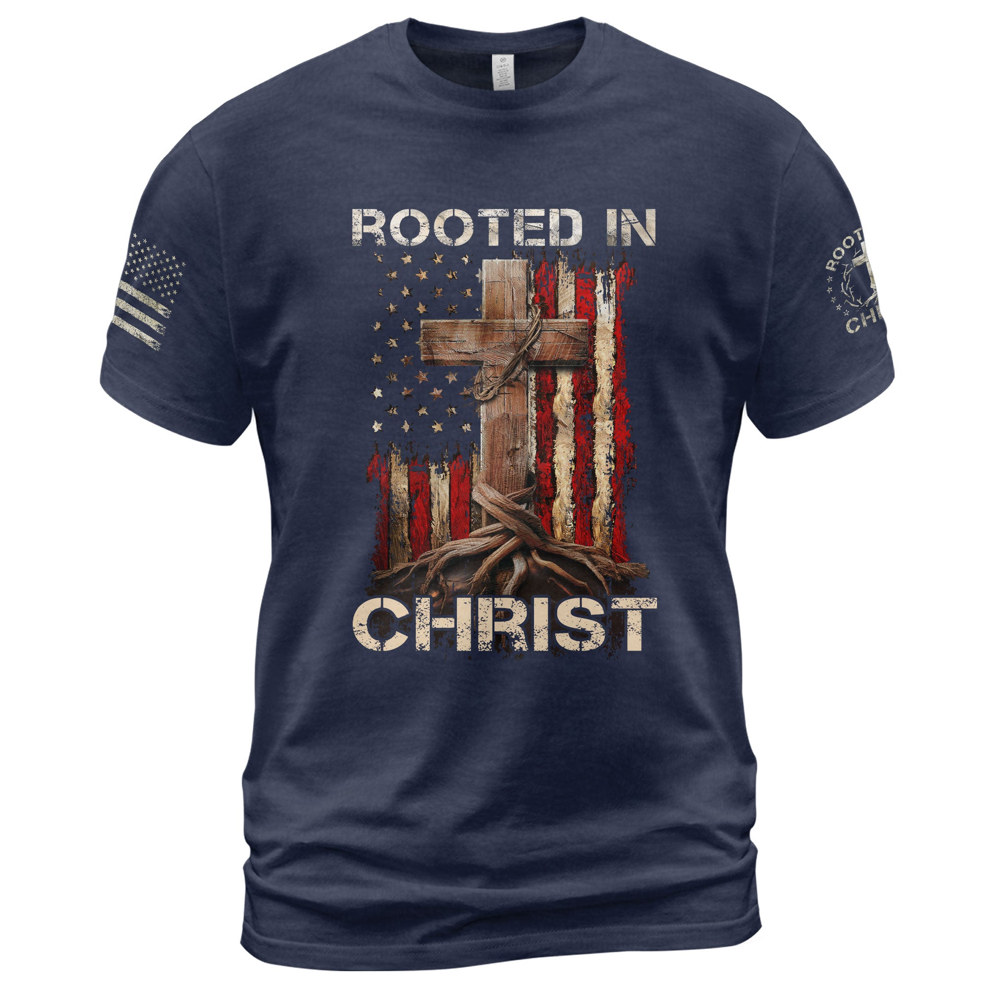 Rooted In Christ American Flag Cross T-Shirt
