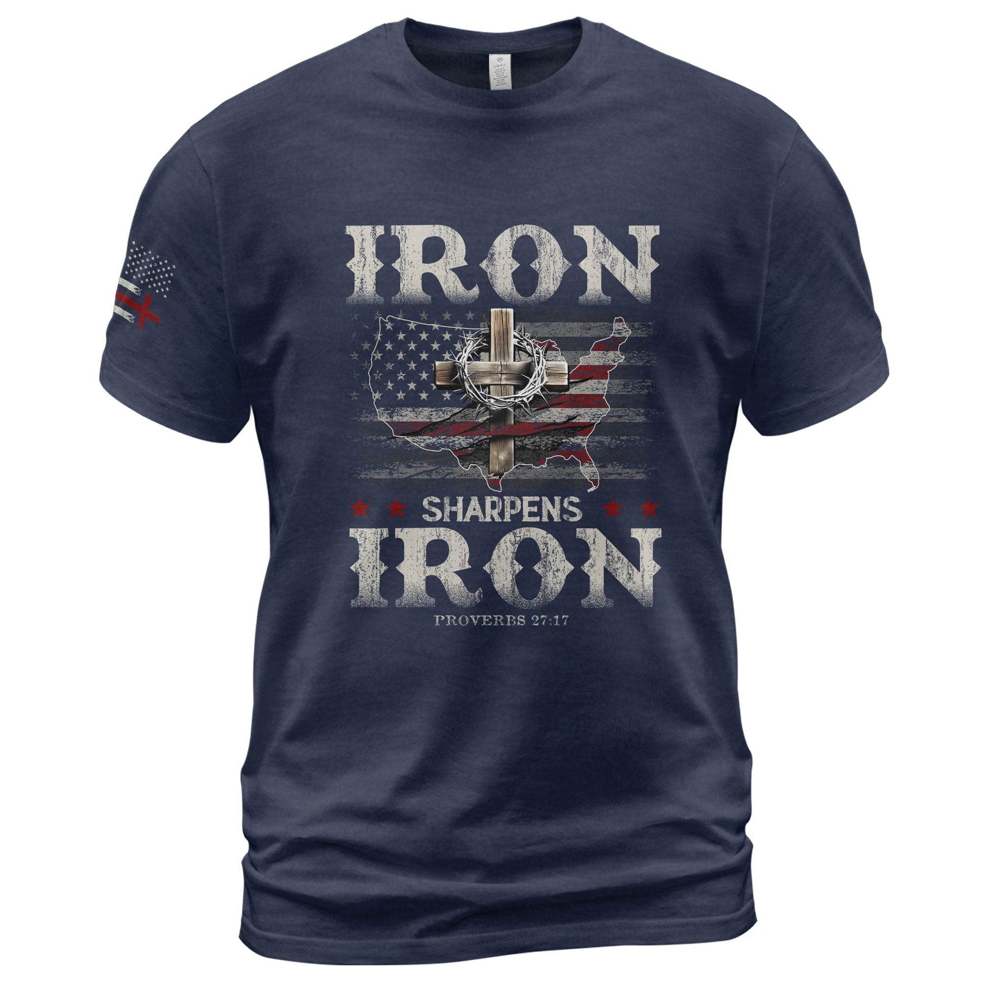 Iron Sharpens Iron T-Shirt – Proverbs 27:17 USA Faith Warrior Tee - Rust Field Wear