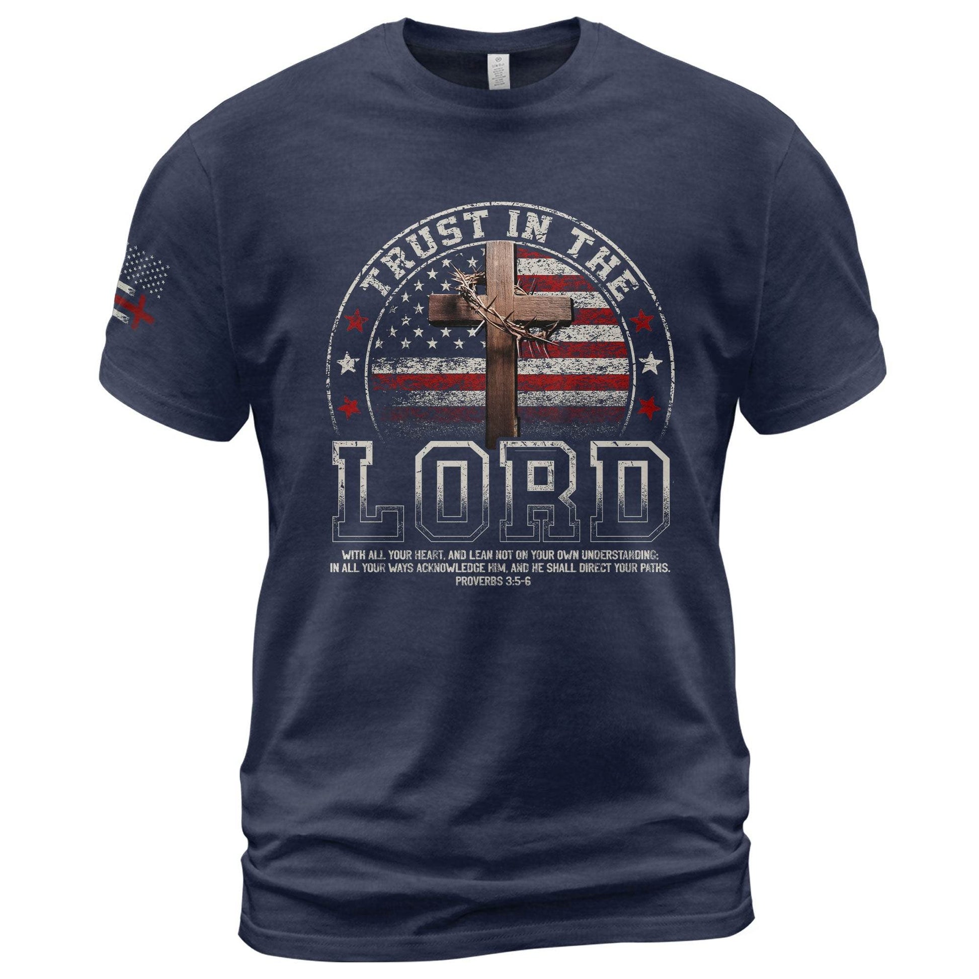 Trust In The Lord – Christian American Flag Cross T-Shirt - Rust Field Wear