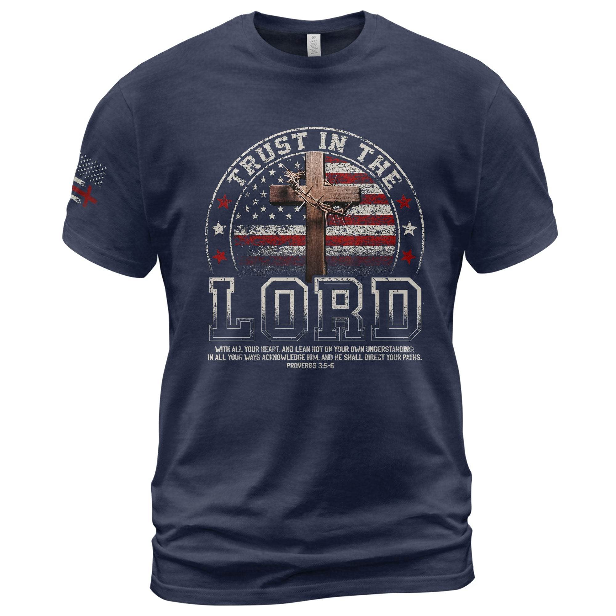 Trust In The Lord – Christian American Flag Cross T-Shirt - Rust Field Wear
