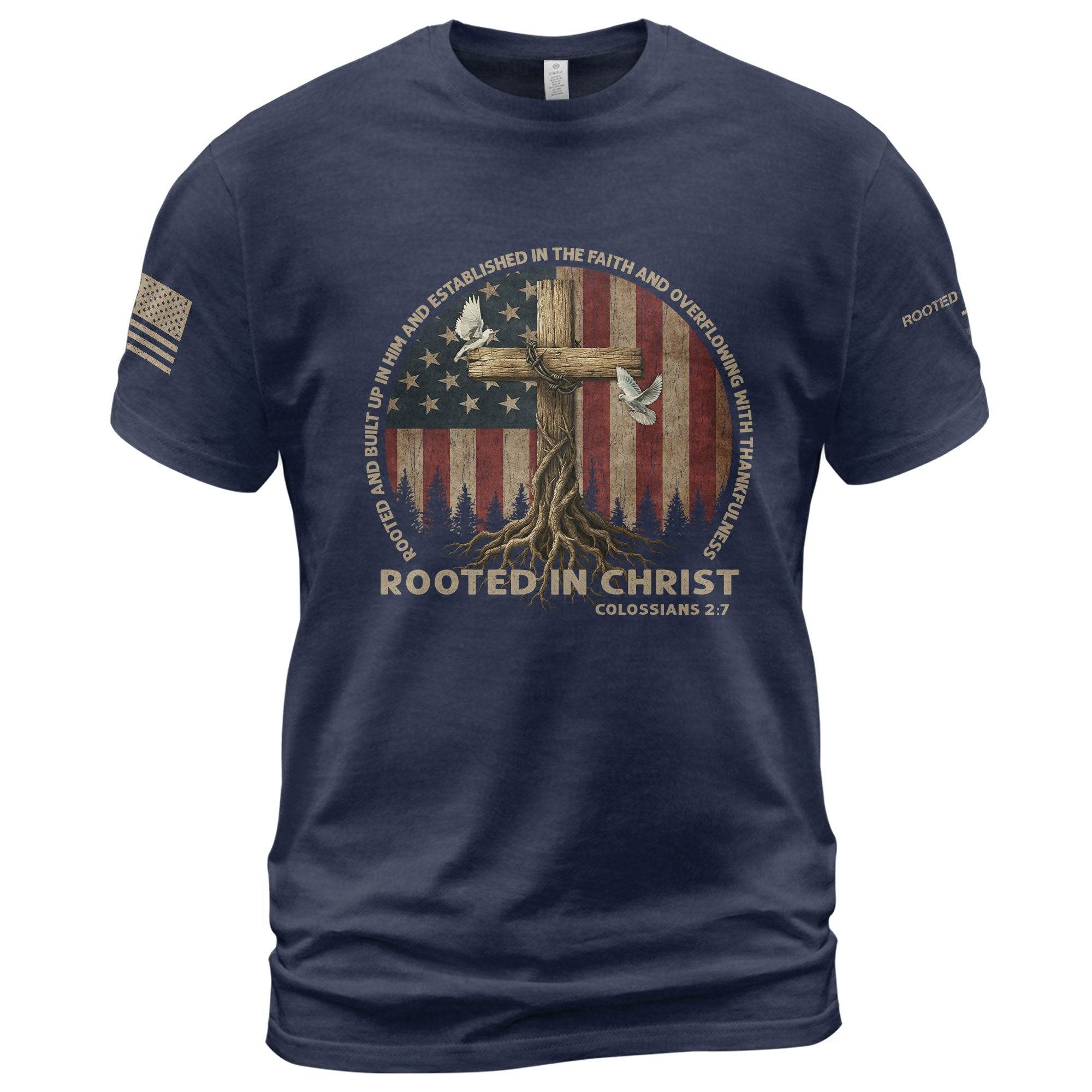 Rooted in Christ Colossians 2:7 Christian T-Shirt - Rust Field Wear
