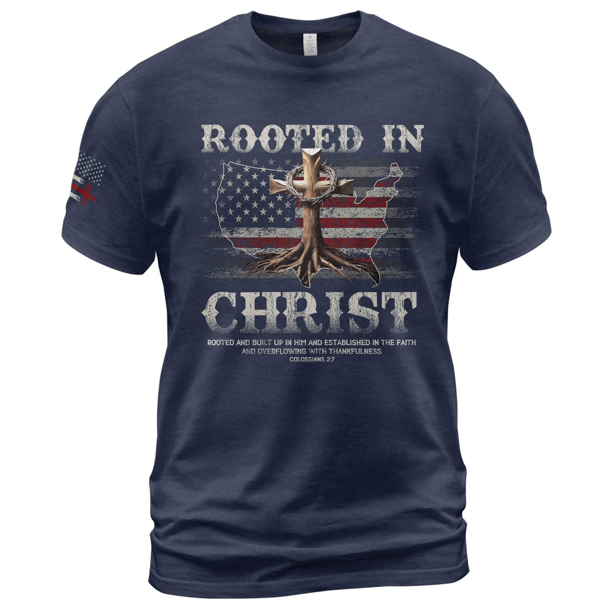 Rooted in Christ USA Flag Map Christian T-Shirt - Rust Field Wear
