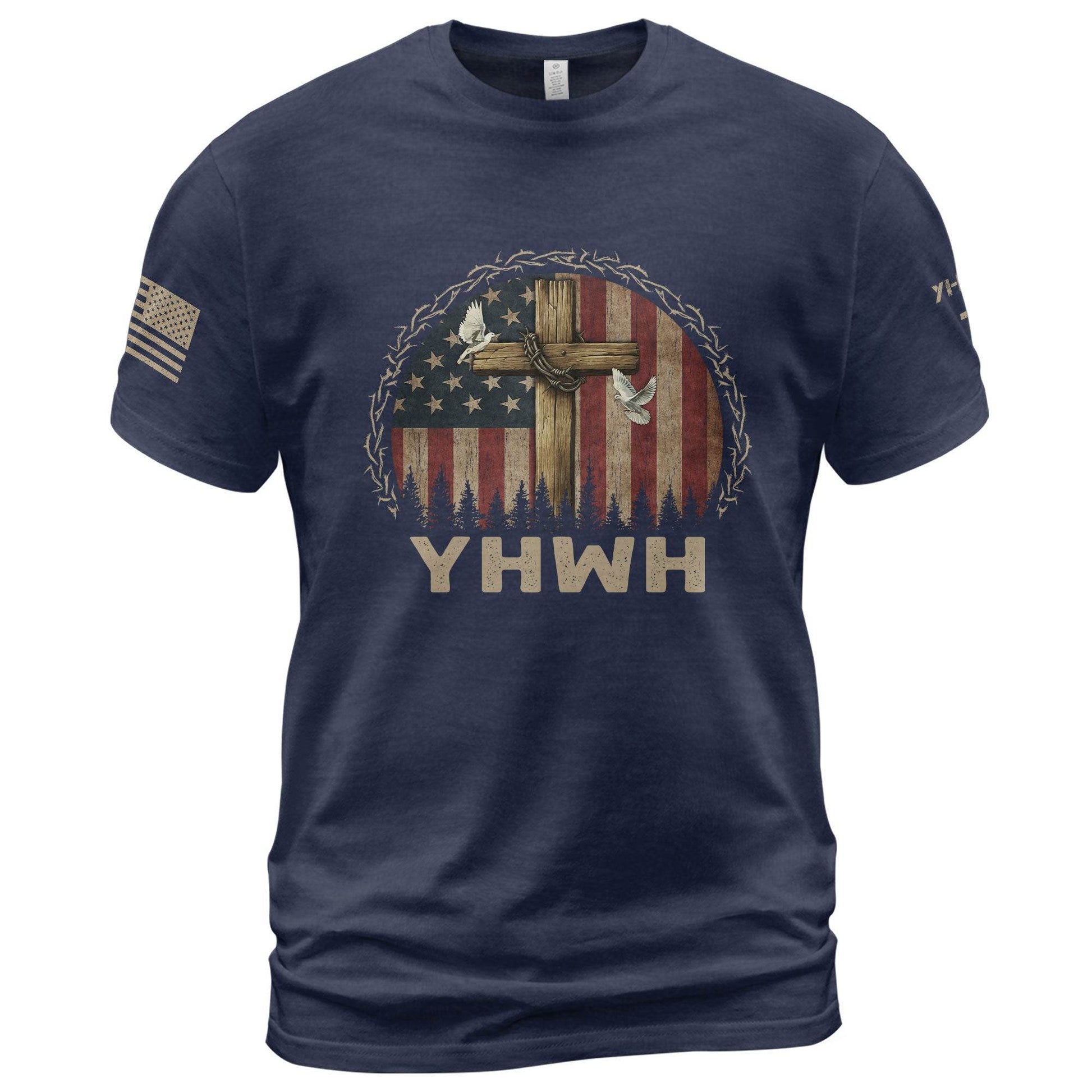 YHWH Cross & American Flag Christian T-Shirt - Rust Field Wear
