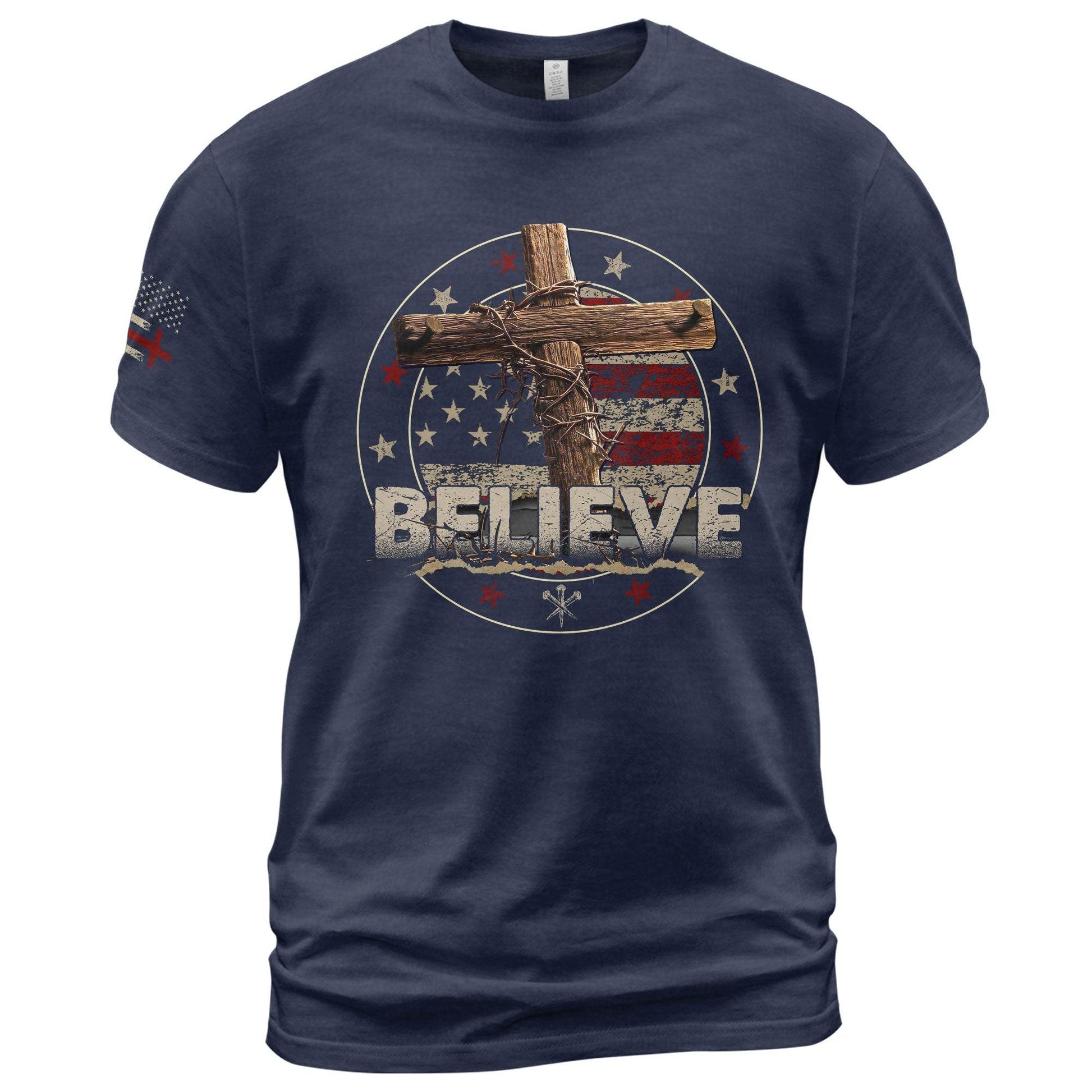 BELIEVE Christian T-Shirt – American Flag Cross & Crown of Thorns - Rust Field Wear