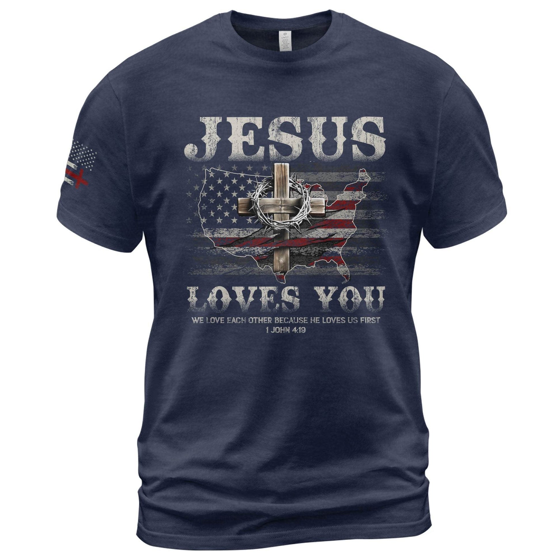 Jesus Loves You - American Flag Cross T-Shirt - Rust Field Wear
