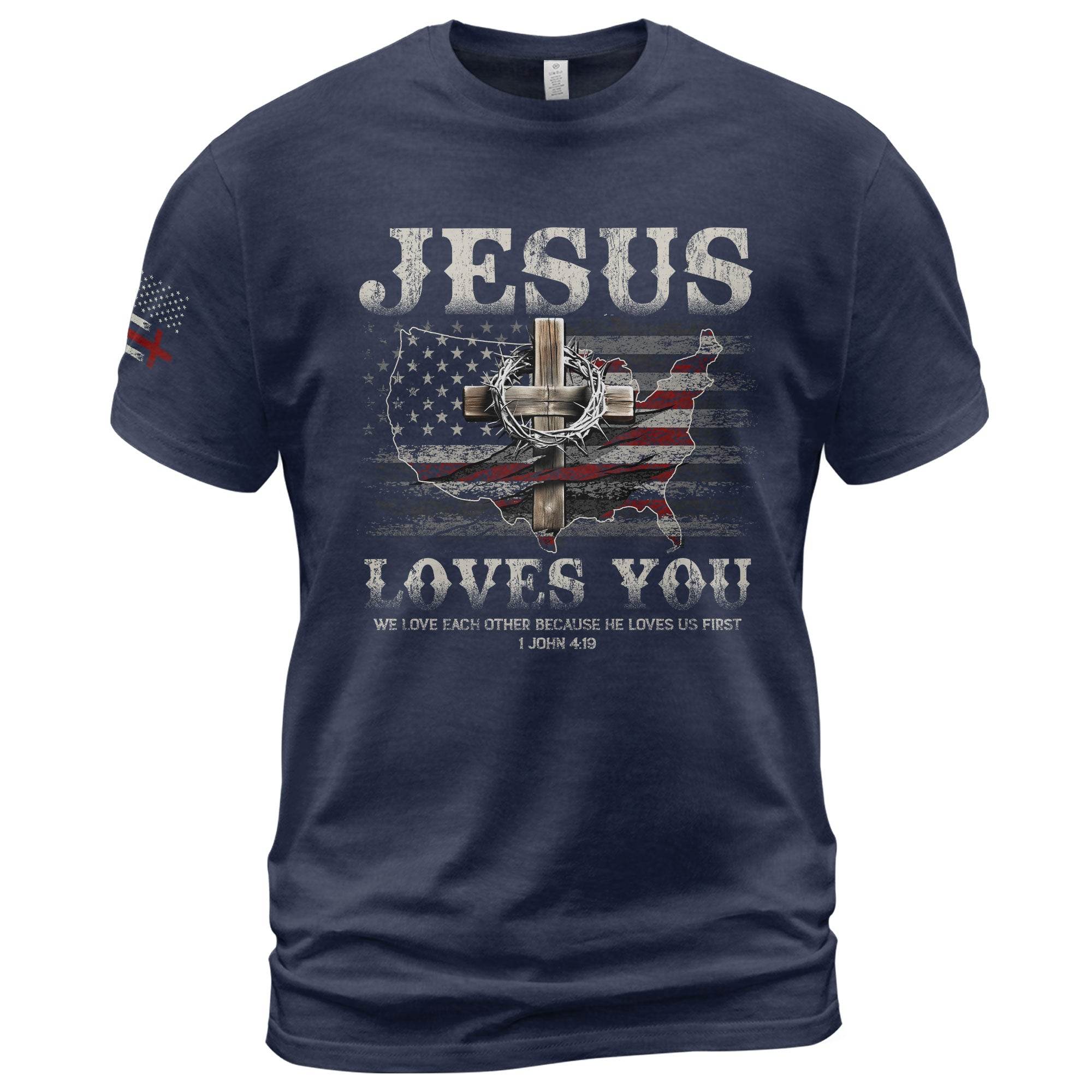 Jesus Loves You - American Flag Cross T-Shirt - Rust Field Wear